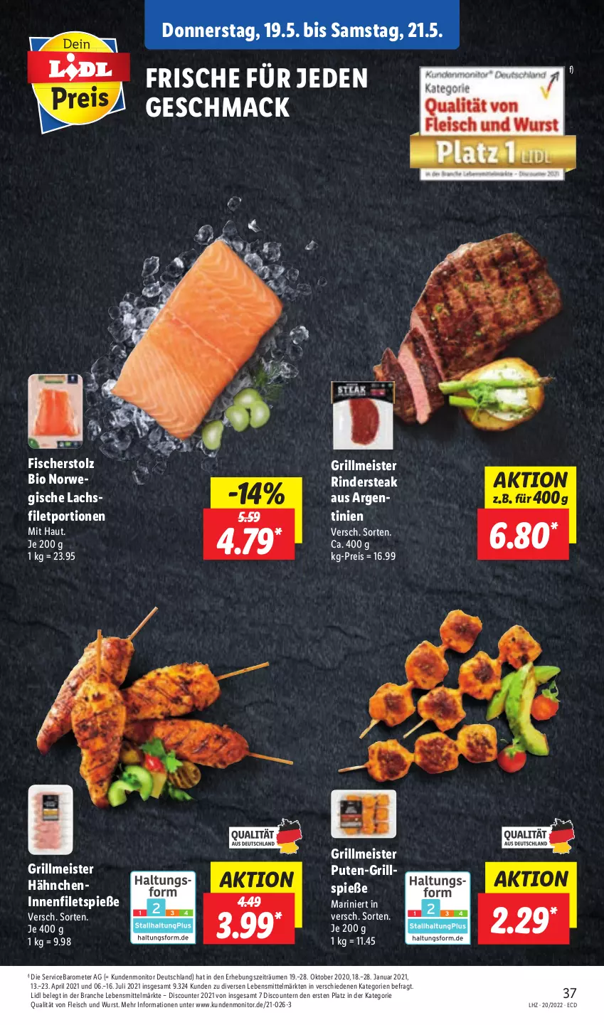 Aktueller Prospekt Lidl - Aktionsprospekt - von 16.05 bis 21.05.2022 - strona 41 - produkty: bio, discount, eis, filet, filets, fisch, fische, Fischer, fleisch, grill, Grillspieße, lachs, lachsfilet, lebensmittel, mac, Meister, monitor, pril, pute, reis, rind, rinder, Rindersteak, rwe, steak, Ti, wurst