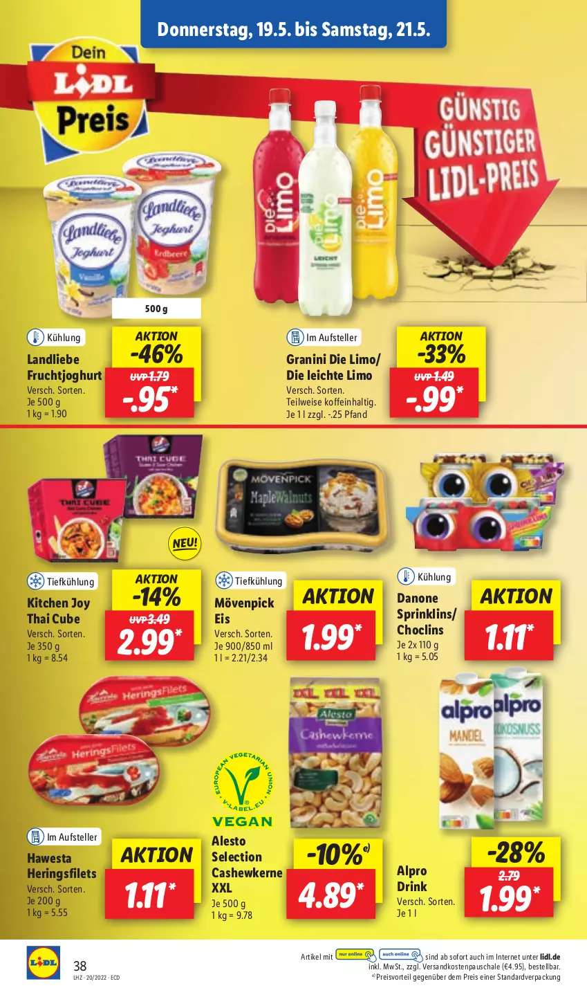 Aktueller Prospekt Lidl - Aktionsprospekt - von 16.05 bis 21.05.2022 - strona 42 - produkty: alesto, alpro, Cashew, cashewkerne, Clin, danone, drink, eis, elle, filet, filets, frucht, fruchtjoghurt, granini, granini die limo, hawesta, hering, Herings, heringsfilets, joghur, joghurt, landliebe, limo, mövenpick, mövenpick eis, ndk, preisvorteil, reis, ring, Schal, Schale, teller, Ti