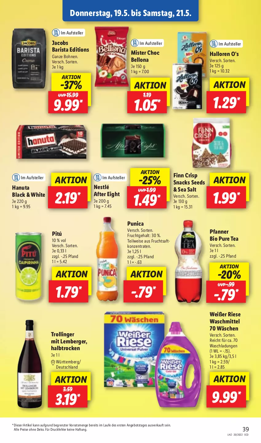 Aktueller Prospekt Lidl - Aktionsprospekt - von 16.05 bis 21.05.2022 - strona 43 - produkty: after eight, angebot, Berger, bio, bohne, bohnen, eis, elle, frucht, fruchtsaft, hanuta, jacobs, lack, nestlé, pfanne, Pfanner, punica, reis, saft, snack, snacks, teller, Ti, trolli, trollinger, waschmittel, ZTE