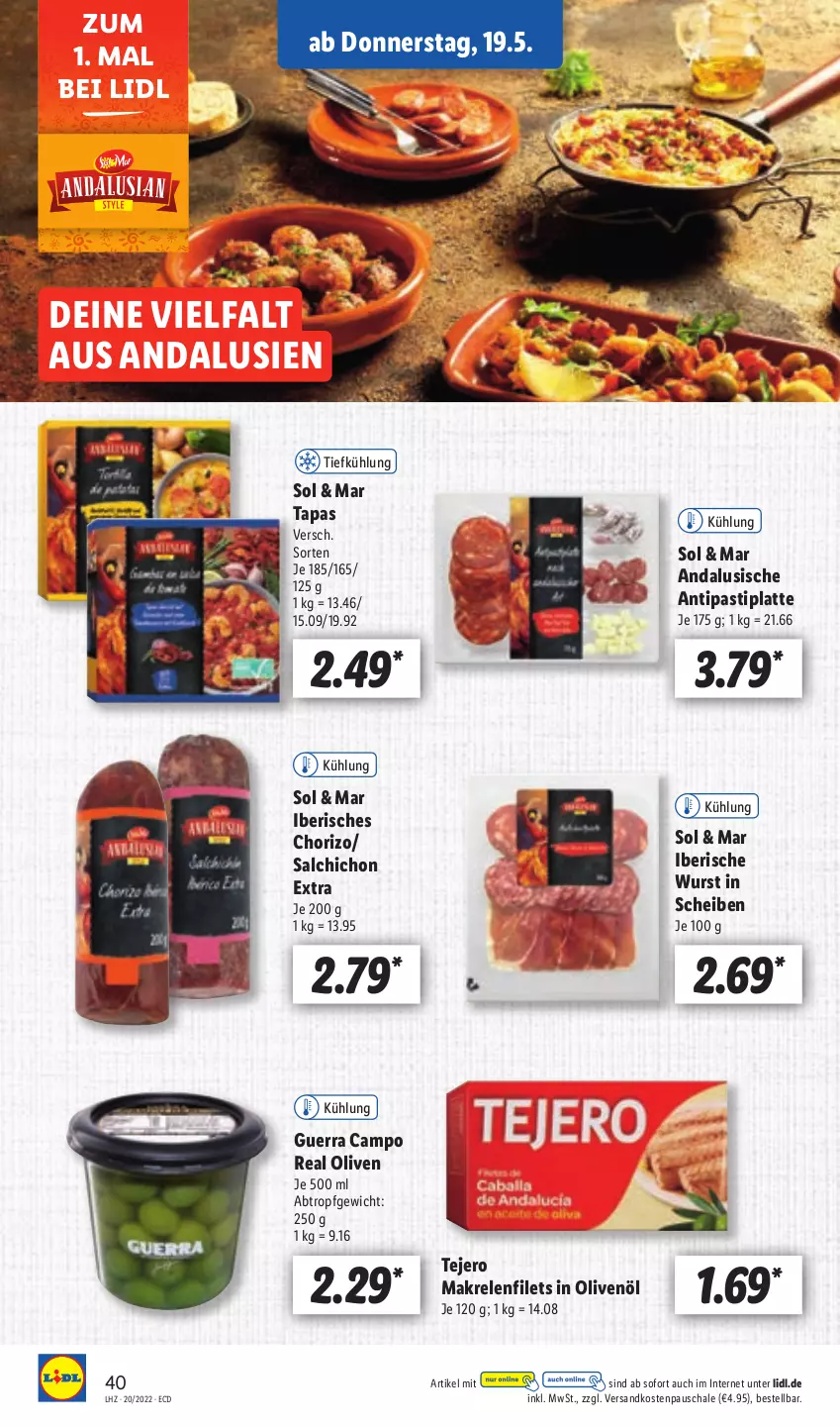 Aktueller Prospekt Lidl - Aktionsprospekt - von 16.05 bis 21.05.2022 - strona 44 - produkty: antipasti, asti, chorizo, filet, filets, in olivenöl, latte, Makrele, Makrelenfilets, ndk, olive, oliven, olivenöl, rel, Schal, Schale, Tapas, Ti, wurst