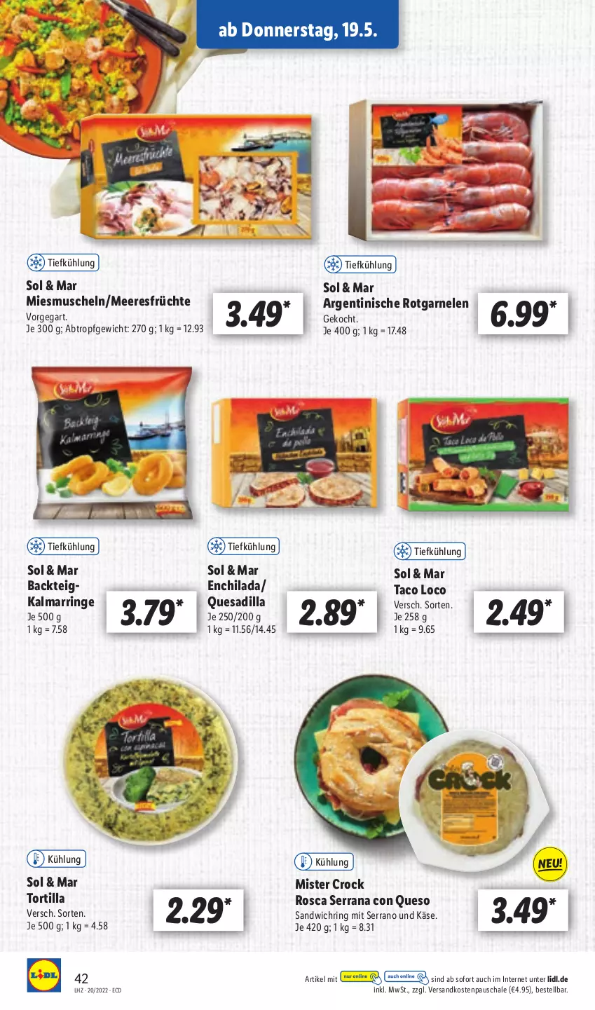 Aktueller Prospekt Lidl - Aktionsprospekt - von 16.05 bis 21.05.2022 - strona 46 - produkty: früchte, garnelen, Käse, meeresfrüchte, Muscheln, ndk, Rana, ring, sandwich, Schal, Schale, serrano, Ti, tortilla