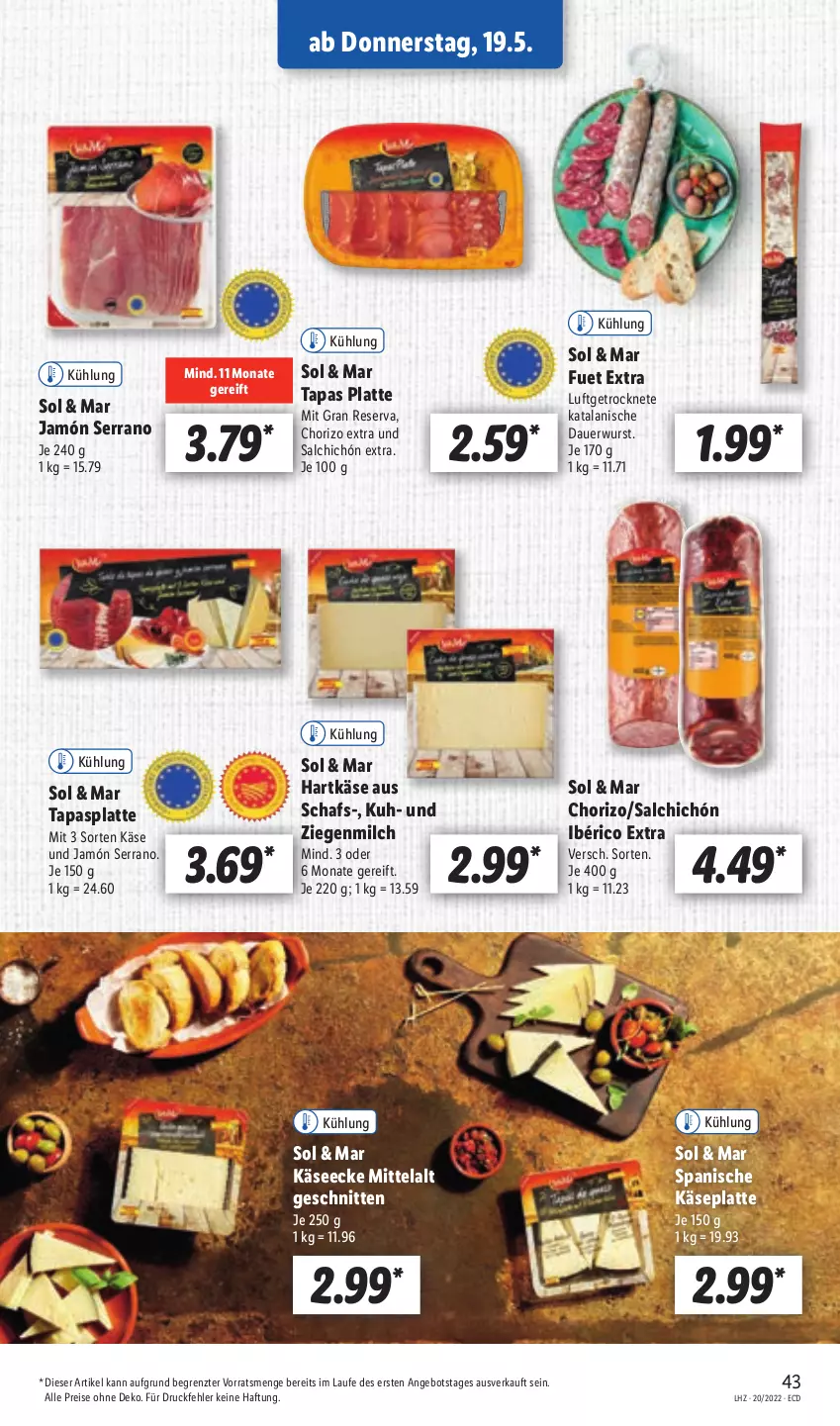 Aktueller Prospekt Lidl - Aktionsprospekt - von 16.05 bis 21.05.2022 - strona 47 - produkty: angebot, auer, chorizo, eis, hartkäse, jamón serrano, Käse, latte, milch, reis, schnitten, serrano, Tapas, Ti, wurst, ZTE