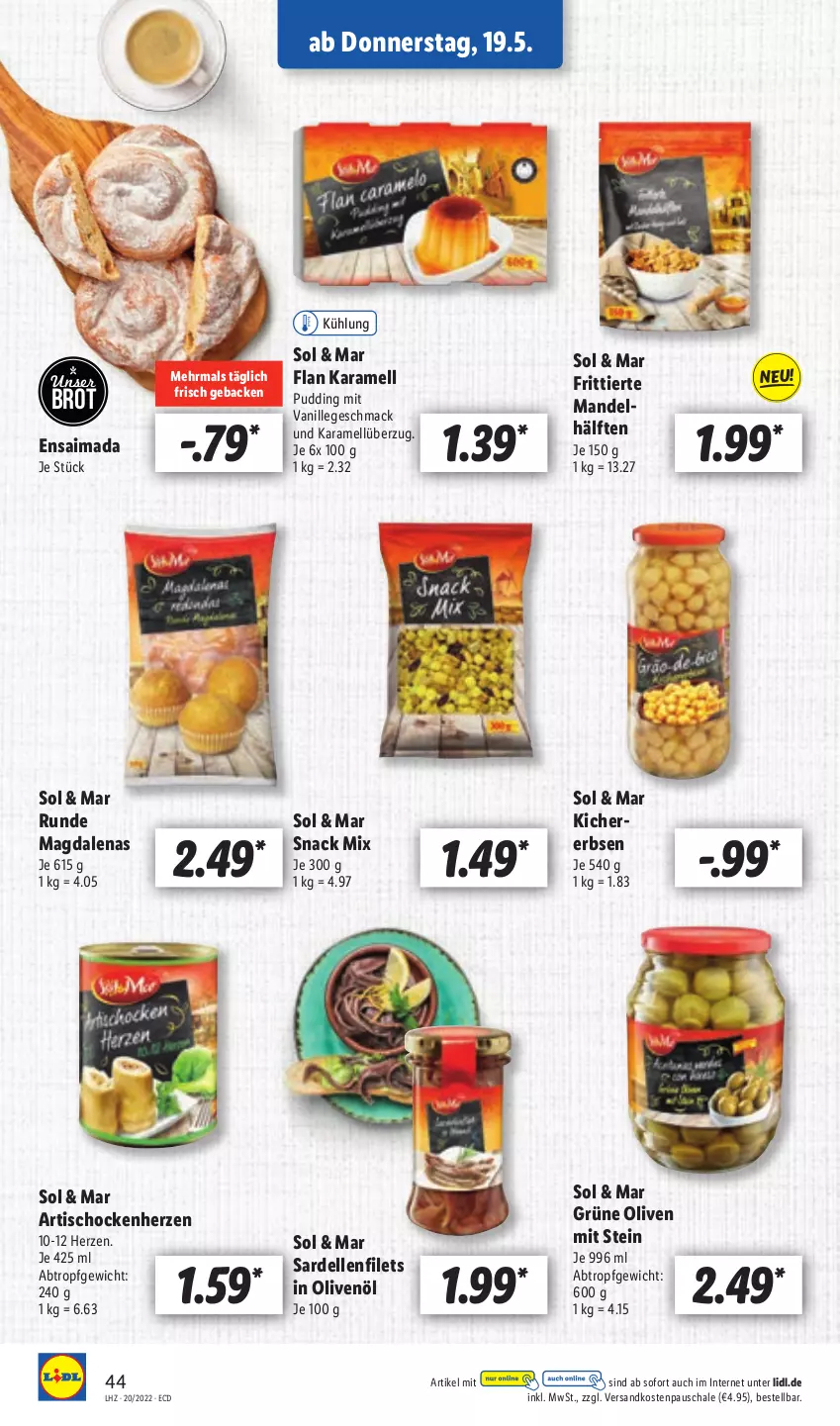 Aktueller Prospekt Lidl - Aktionsprospekt - von 16.05 bis 21.05.2022 - strona 48 - produkty: Artischocken, brot, dell, elle, erbsen, filet, filets, geback, grüne oliven, in olivenöl, karamell, mac, mandel, ndk, olive, oliven, olivenöl, pudding, Sardellen, Schal, Schale, snack, Ti, tisch, vanille