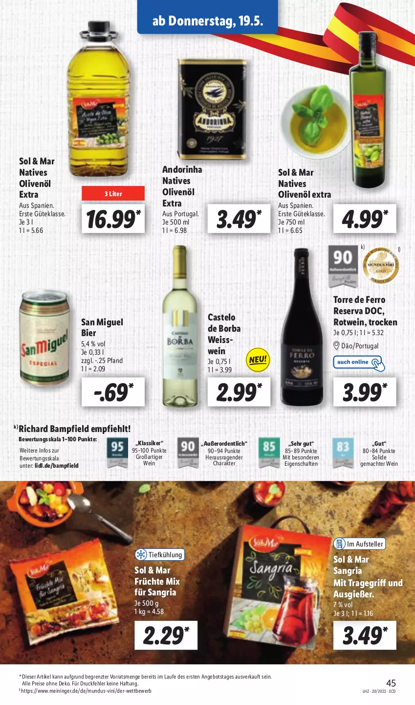 Aktueller Prospekt Lidl - Aktionsprospekt - von 16.05 bis 21.05.2022 - strona 49 - produkty: angebot, bier, eis, elle, früchte, mac, natives olivenöl, olive, oliven, olivenöl, olivenöl extra, reis, Ria, rotwein, sangria, teller, Ti, tragegriff, wein, ZTE