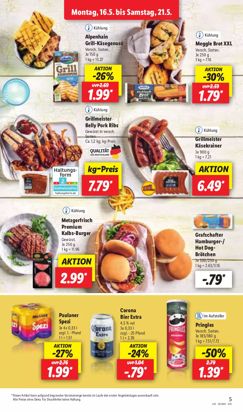 Aktueller Prospekt Lidl - Aktionsprospekt - von 16.05 bis 21.05.2022 - strona 5 - produkty: Alpenhain, angebot, bier, brot, brötchen, burger, corona, eis, elle, gewürz, grafschafter, grill, hamburger, hot dog, Käse, Käsekrainer, meggle, Meister, nuss, Paula, paulaner, pringles, reis, ring, Spezi, teller, Ti, ZTE