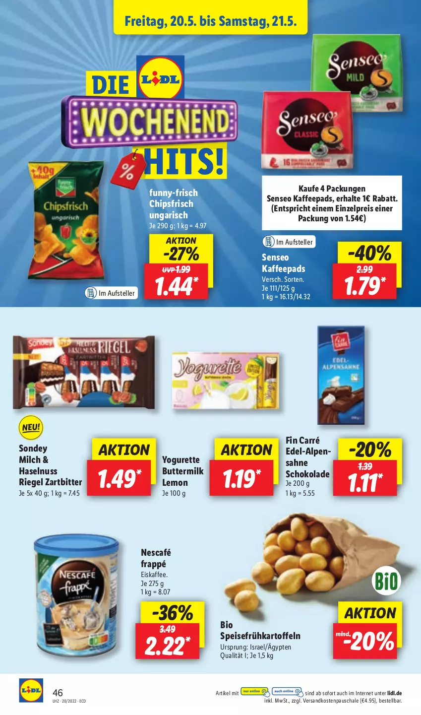 Aktueller Prospekt Lidl - Aktionsprospekt - von 16.05 bis 21.05.2022 - strona 50 - produkty: angebot, bio, butter, chips, chipsfrisch, coupon, eis, eiskaffee, elle, frappé, Frühkartoffeln, funny-frisch, haselnuss, kaffee, kaffeepads, kartoffel, kartoffeln, milch, ndk, Nescafé, nuss, reis, riegel, sahne, Schal, Schale, schoko, schokolade, senseo, Sondey, speisefrühkartoffeln, teller, Ti, Yo, yogurette, ZTE