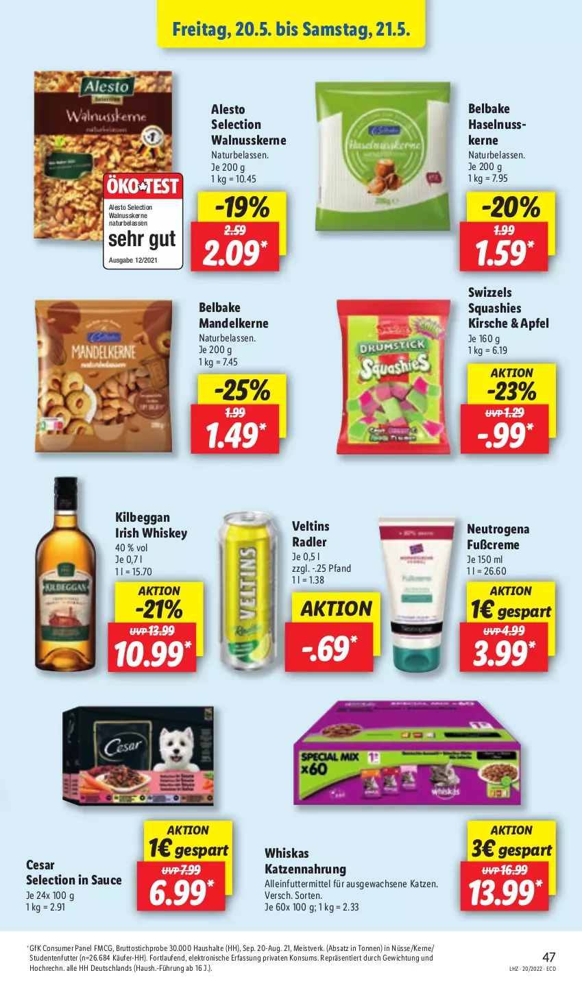 Aktueller Prospekt Lidl - Aktionsprospekt - von 16.05 bis 21.05.2022 - strona 51 - produkty: alesto, alleinfuttermittel, apfel, brut, creme, eis, Elektro, ente, haselnuss, HP, irish whiskey, katzennahrung, kilbeggan, kirsch, kirsche, Laufen, mandel, natur, neutrogena, nuss, radler, sauce, studentenfutter, Ti, veltins, walnuss, walnusskerne, whiskas, whiskey