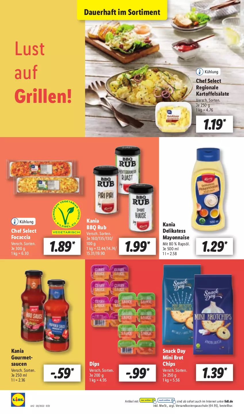 Aktueller Prospekt Lidl - Aktionsprospekt - von 16.05 bis 21.05.2022 - strona 6 - produkty: ACC, auer, brot, chips, dip, Focaccia, grill, kartoffel, kartoffelsalat, mayonnaise, ndk, rapsöl, salat, salate, sauce, saucen, Schal, Schale, snack, Ti, Yo