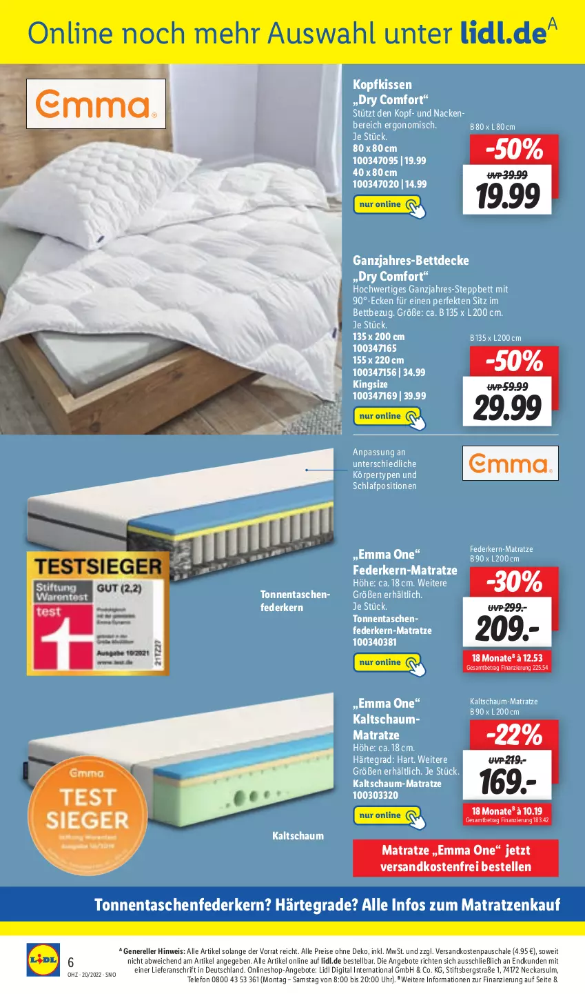 Aktueller Prospekt Lidl - Aktionsprospekt - von 16.05 bis 21.05.2022 - strona 60 - produkty: angebot, angebote, bett, decke, eis, elle, federkern, kaltschaum-matratze, kaltschaummatratze, kissen, kopfkissen, matratze, matratzen, ndk, reis, rel, Schal, Schale, Schaummatratze, steppbett, Tasche, taschen, taschenfederkern-matratze, telefon, Ti, uhr, versandkostenfrei