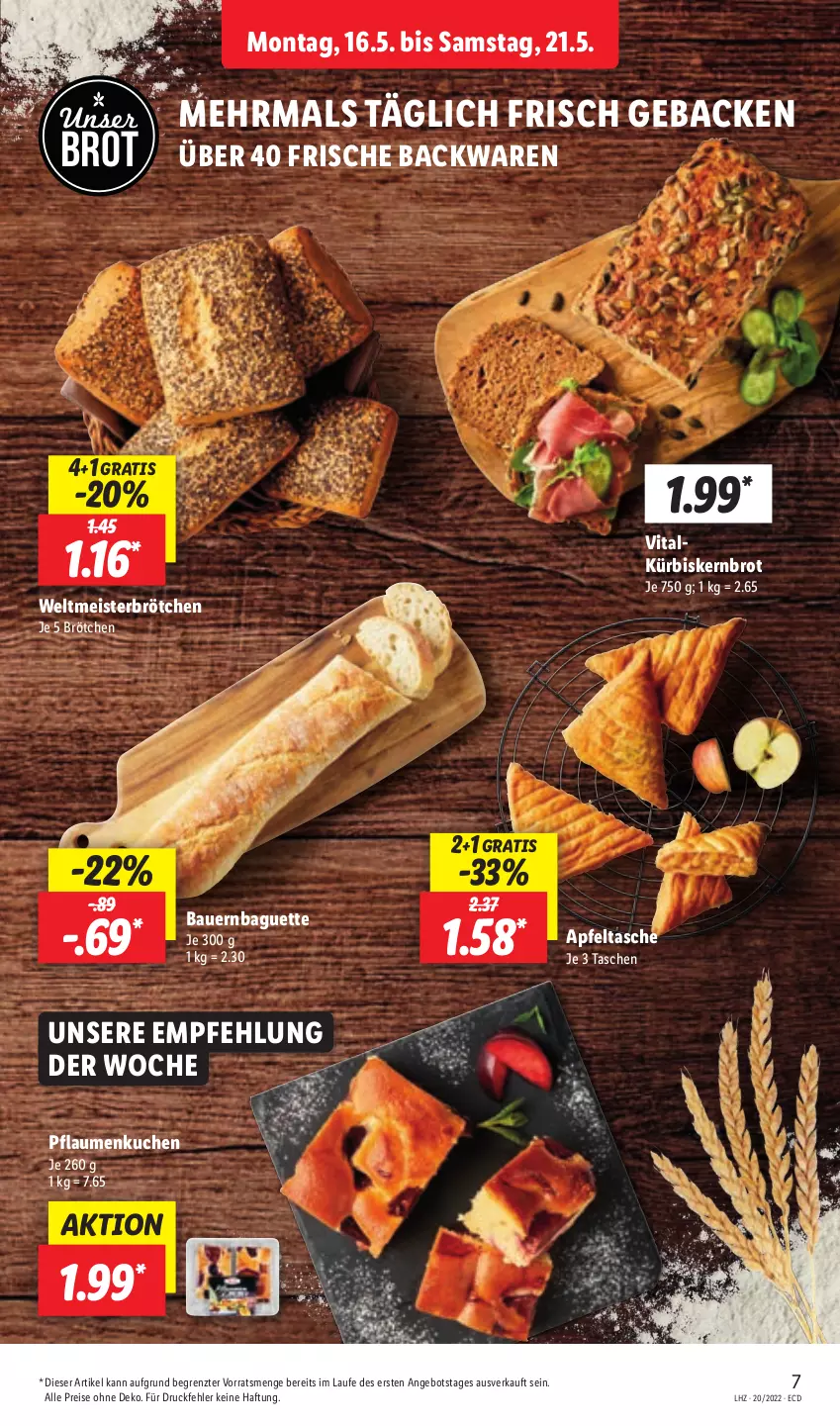 Aktueller Prospekt Lidl - Aktionsprospekt - von 16.05 bis 21.05.2022 - strona 9 - produkty: angebot, apfel, Apfeltasche, auer, backwaren, baguette, Bau, Bauer, brot, brötchen, eis, frische backwaren, geback, kuchen, Kürbis, Meister, pflaume, pflaumen, reis, Tasche, taschen, Ti, vita, ZTE