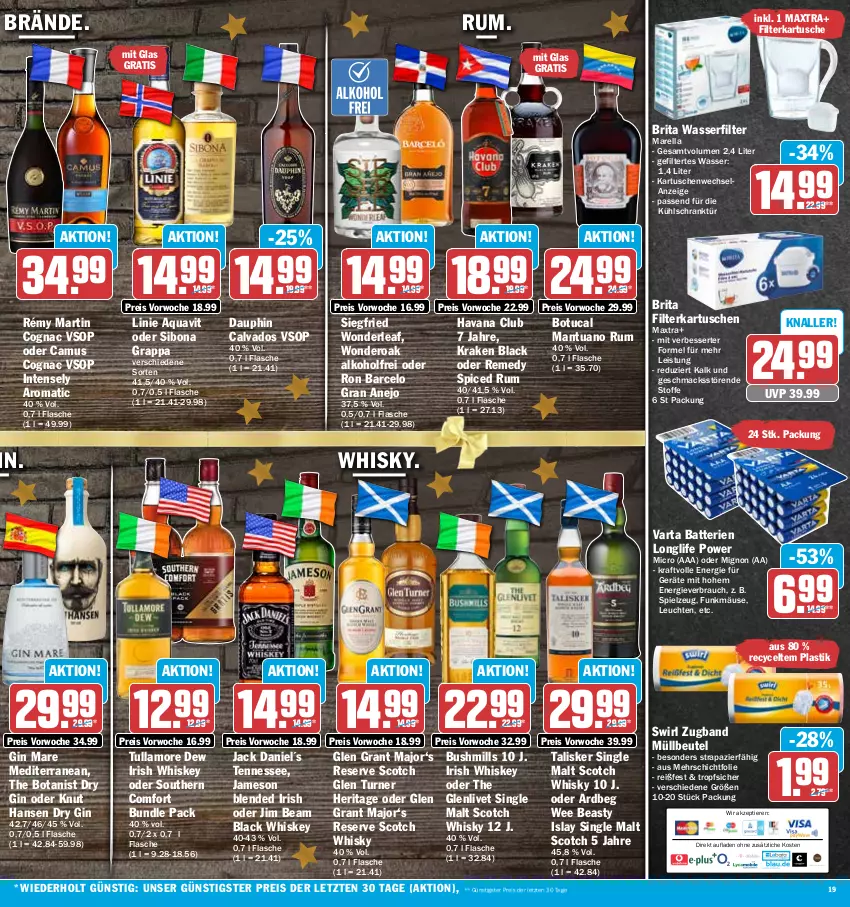 Aktueller Prospekt Hit - Prospekte - von 19.12 bis 24.12.2022 - strona 19 - produkty: alkohol, aqua, aquavit, Ardbeg, asti, batterie, batterien, beutel, Bona, brita, Camus, Cognac, dry gin, eis, Elan, filterkartuschen, flasche, gin, gin mare, Glen Grant, grappa, Havana Club, irish whiskey, islay single malt, jack daniel, jameson, jim beam, kraft, kühlschrank, lack, Leuchte, leuchten, longlife, mac, Maxtra, müllbeutel, Rauch, reis, rel, rum, Schrank, scotch, scotch whisky, single malt, Southern Comfort, spielzeug, swirl, Ti, Tiere, tuc, tullamore, tullamore dew, varta, wasser, wasserfilter, wasserfilter marella, whiskey, whisky, ZTE