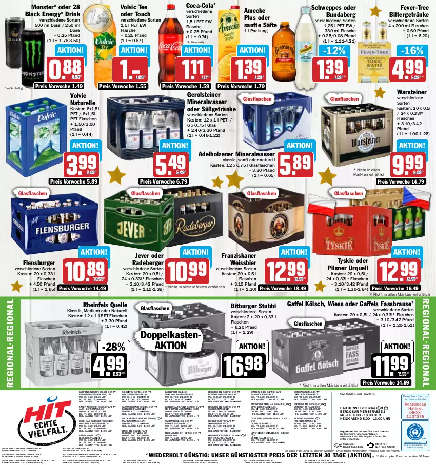 Aktueller Prospekt Hit - Prospekte - von 19.12 bis 24.12.2022 - strona 20 - produkty: adelholzener, Alwa, amecke, angebot, angebote, auer, Bad, Berger, bier, bitburger, braun, brause, Bundaberg, burger, coca-cola, cola, drink, drucker, eimer, eis, elle, Engel, fassbrause, fever-tree, fisch, flasche, flensburger, franziskaner, gerolsteine, gerolsteiner, getränk, getränke, glasflasche, Holz, jever, kerze, lack, Lübecker, mineralwasser, Mineralwasser Classic, monster, natur, pils, pilsner, pilsner urquell, radeberger, Rauch, reis, rel, rheinfels quelle, säfte, schweppes, steiner, tee, Ti, tyskie, uhr, volvic, warsteiner, wasser, weissbier, ZTE