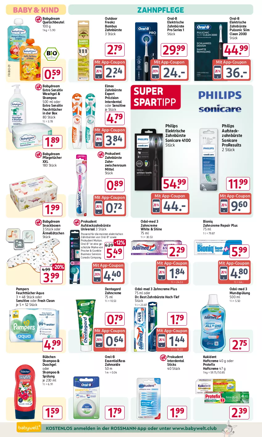 Aktueller Prospekt Rossmann - Prospekte - von 31.01 bis 06.04.2025 - strona 12 - produkty: aqua, babydream, bambus, beutel, bio, bübchen, bürste, bürsten, coupon, creme, Dr. Best, duschgel, eis, elektrische zahnbürste, elmex, erde, Essentialfloss, feuchttücher, Haftcreme, Kukident, Lätzche, mundspülung, Odol, Odol-med 3, oral-b, pampers, Philips, Prokudent, quetschbeutel, shampoo, snack, sonicare, spartipp, spülung, Ti, tücher, waschgel, zahnbürste, zahnbürsten, zahncreme, Zahnseide, ZTE