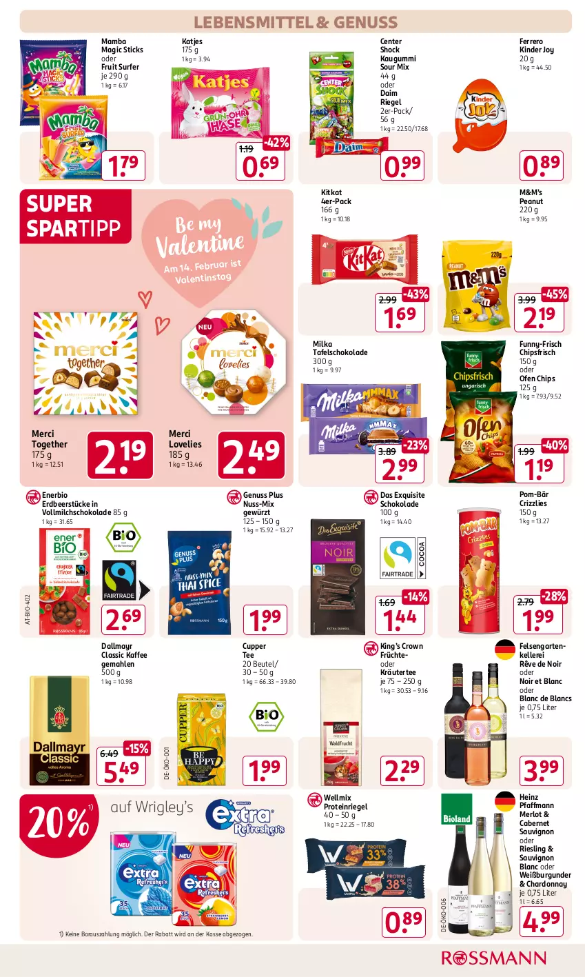 Aktueller Prospekt Rossmann - Prospekte - von 31.01 bis 06.04.2025 - strona 13 - produkty: beutel, bio, burgunder, cabernet, cabernet sauvignon, chardonnay, chips, chipsfrisch, daim, dallmayr, de blancs, elle, ente, ferrero, früchte, funny-frisch, Garten, gewürz, heinz, kaffee, katjes, kaugummi, Kinder, kitkat, kräuter, lebensmittel, mam, merci, merl, merlot, milch, milka, nuss, oder kräuter, Ofen, pom-bär, riegel, riesling, sauvignon, sauvignon blanc, schoko, schokolade, spartipp, Surf, tafelschokolade, tee, Ti, vollmilch, Weißburgunder