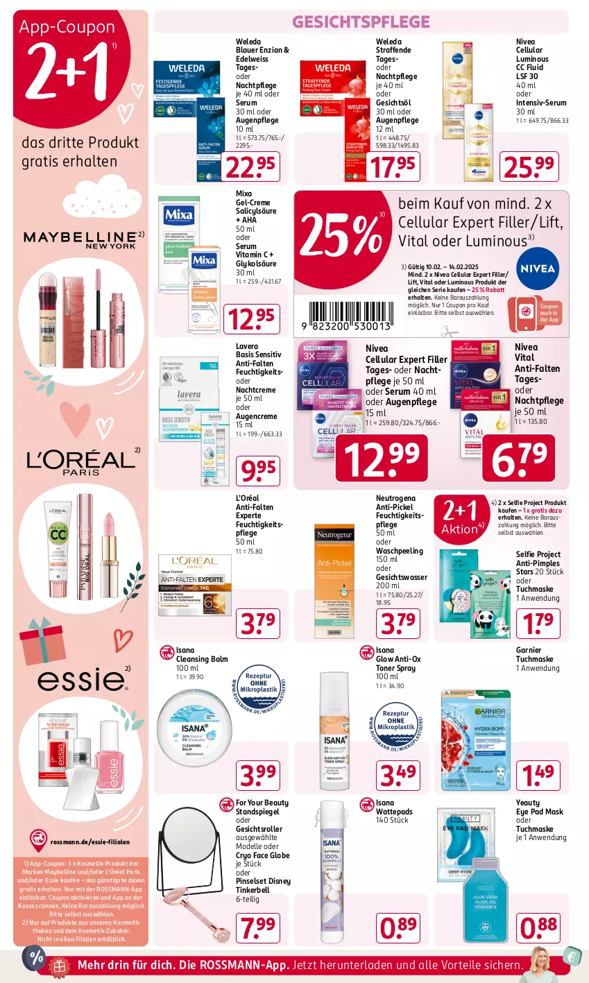 Aktueller Prospekt Rossmann - Prospekte - von 31.01 bis 06.04.2025 - strona 6 - produkty: anti-falten experte, auer, Augenpflege, coupon, creme, dell, disney, Edelweiss, eis, elle, feuchtigkeitspflege, For Your Beauty, garnier, Gesichtsöl, gesichtspflege, Gesichtswasser, HP, isana, kosmetik, lavera, Maske, Maybelline, Mixa, Mode, nachtcreme, nachtpflege, neutrogena, nivea, Peeling, Pinsel, Pinselset, Roller, rum, sana, Serum, spiegel, Standspiegel, Ti, Toner, tuc, tuchmaske, vita, Vitamin C, wasser, wattepads, weleda, Yo