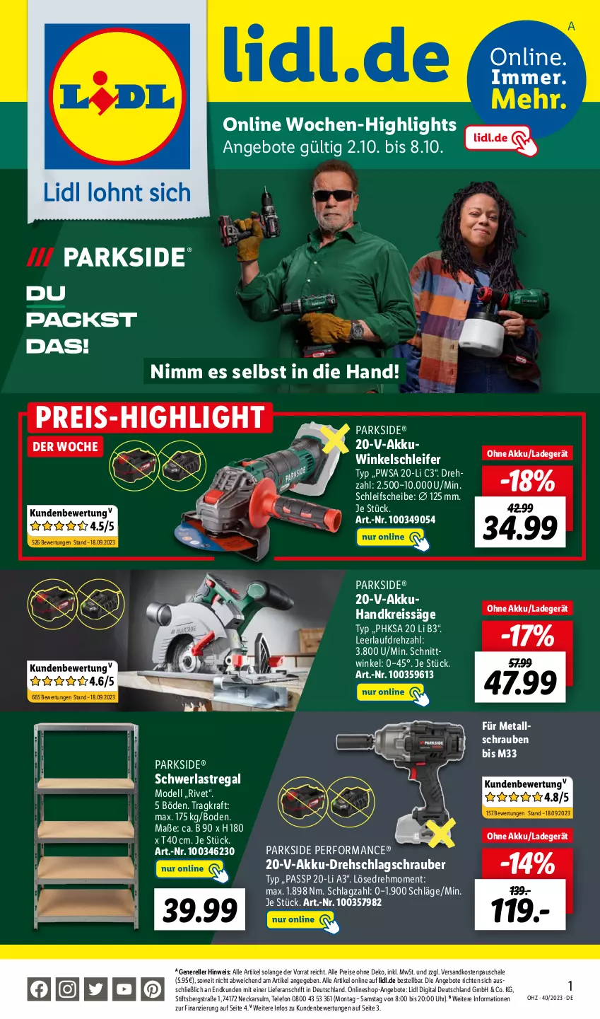 Aktueller Prospekt Lidl - Wochen-Highlights im Onlineshop - von 02.10 bis 08.10.2023 - strona 1 - produkty: akku, angebot, angebote, dell, eis, elle, Handkreissäge, kraft, ladegerät, Mode, ndk, Parkside, regal, reis, reiss, rel, säge, Schal, Schale, schrauben, schwerlastregal, telefon, Ti, uhr, Winkelschleifer