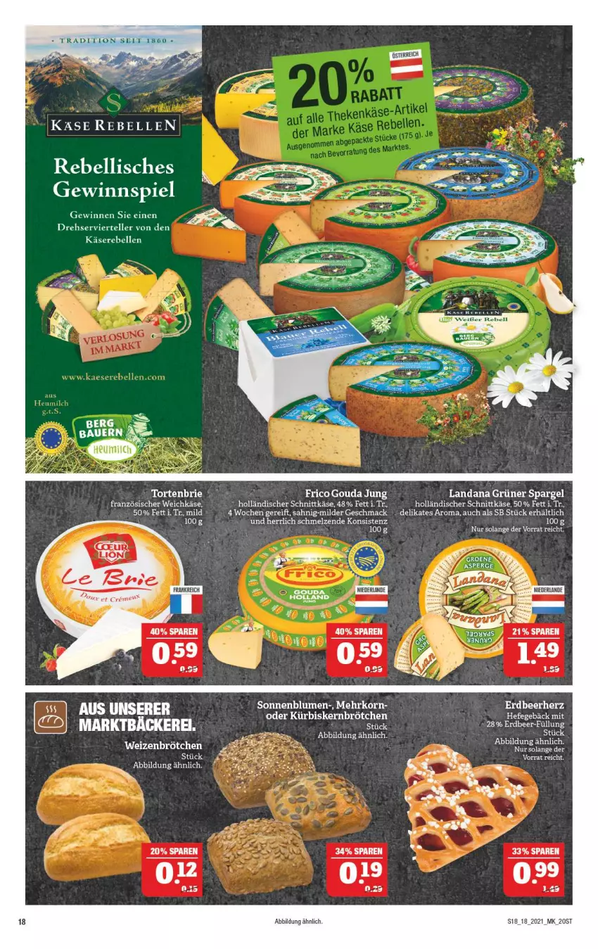 Aktueller Prospekt Marktkauf - Prospekt - von 02.05 bis 08.05.2021 - strona 18 - produkty: blume, blumen, brie, brötchen, elle, französischer weichkäse, frico, gouda, gouda jung, grüner spargel, holländischer schnittkäse, Käse, Käserebellen, korn, Kürbis, Kürbiskernbrötchen, rebell, schnittkäse, sonnenblume, sonnenblumen, spargel, teller, Ti, torte, weichkäse, weizenbrötchen