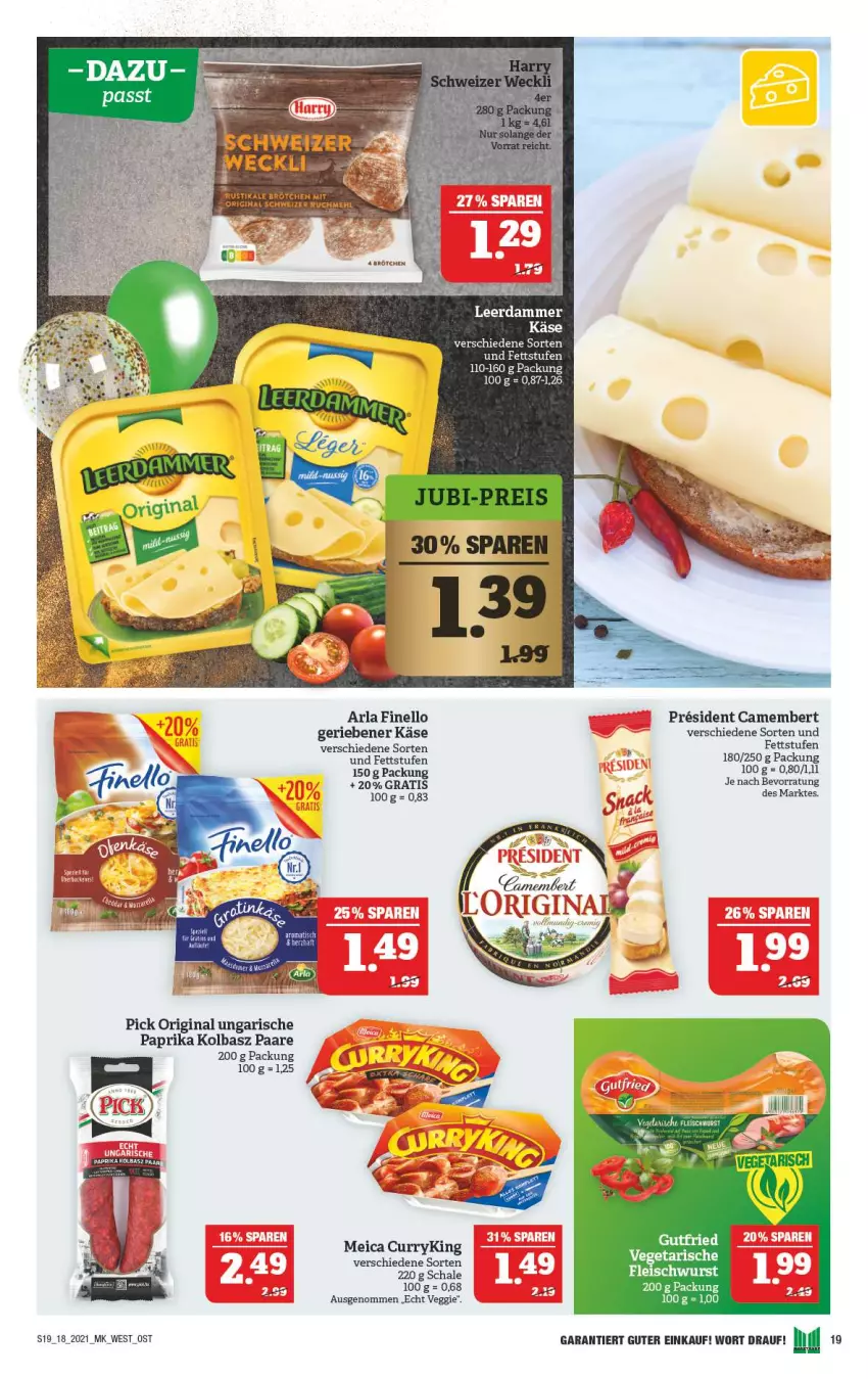 Aktueller Prospekt Marktkauf - Prospekt - von 02.05 bis 08.05.2021 - strona 19 - produkty: arla, brot, camembert, curry, eis, finello, fleisch, fleischwurst, gin, Käse, leerdammer, mehl, meica, paprika, Schal, Schale, Ti, veggie, wurst