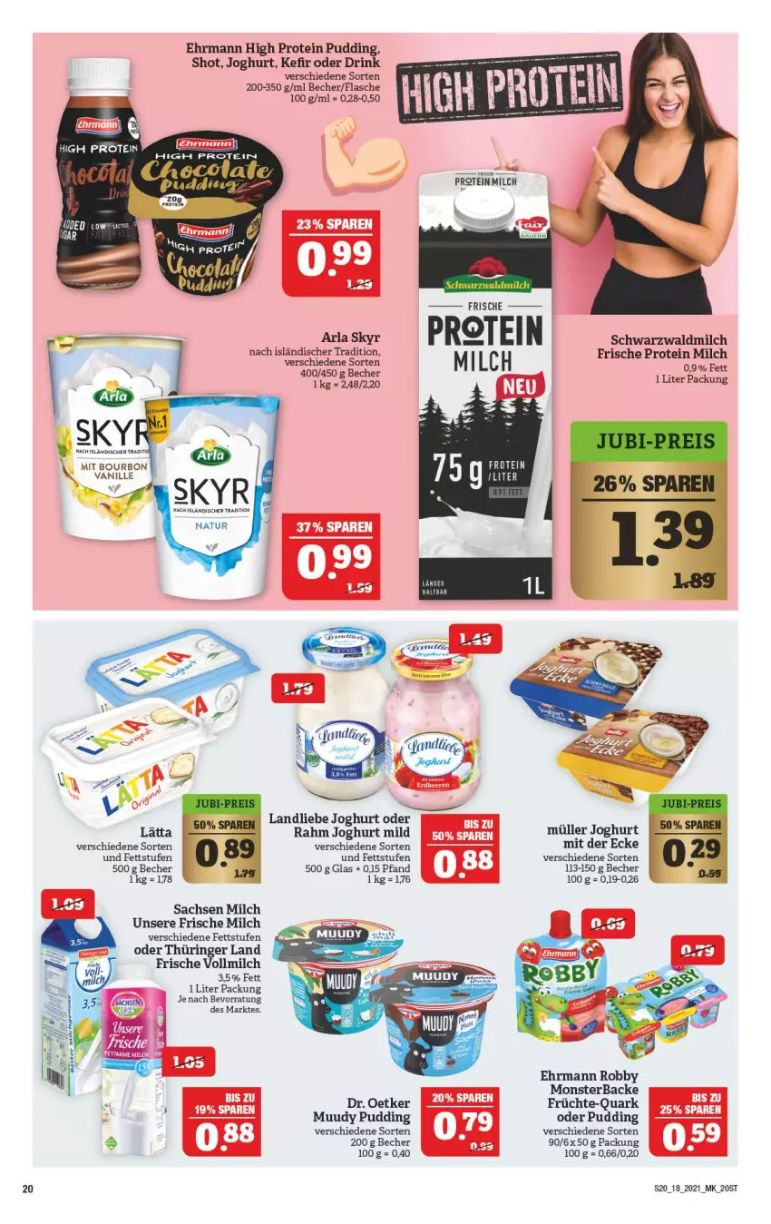 Aktueller Prospekt Marktkauf - Prospekt - von 02.05 bis 08.05.2021 - strona 20 - produkty: arla, arla skyr, Becher, bourbon, bourbon vanille, Dr. Oetker, drink, ehrmann, flasche, frische milch, früchte, joghur, joghurt, joghurt mild, Kefir, landliebe, landliebe joghurt, lätta, milch, monster, Müller, natur, pudding, quark, ring, robby, sac, Skyr, Ti, vanille, vollmilch