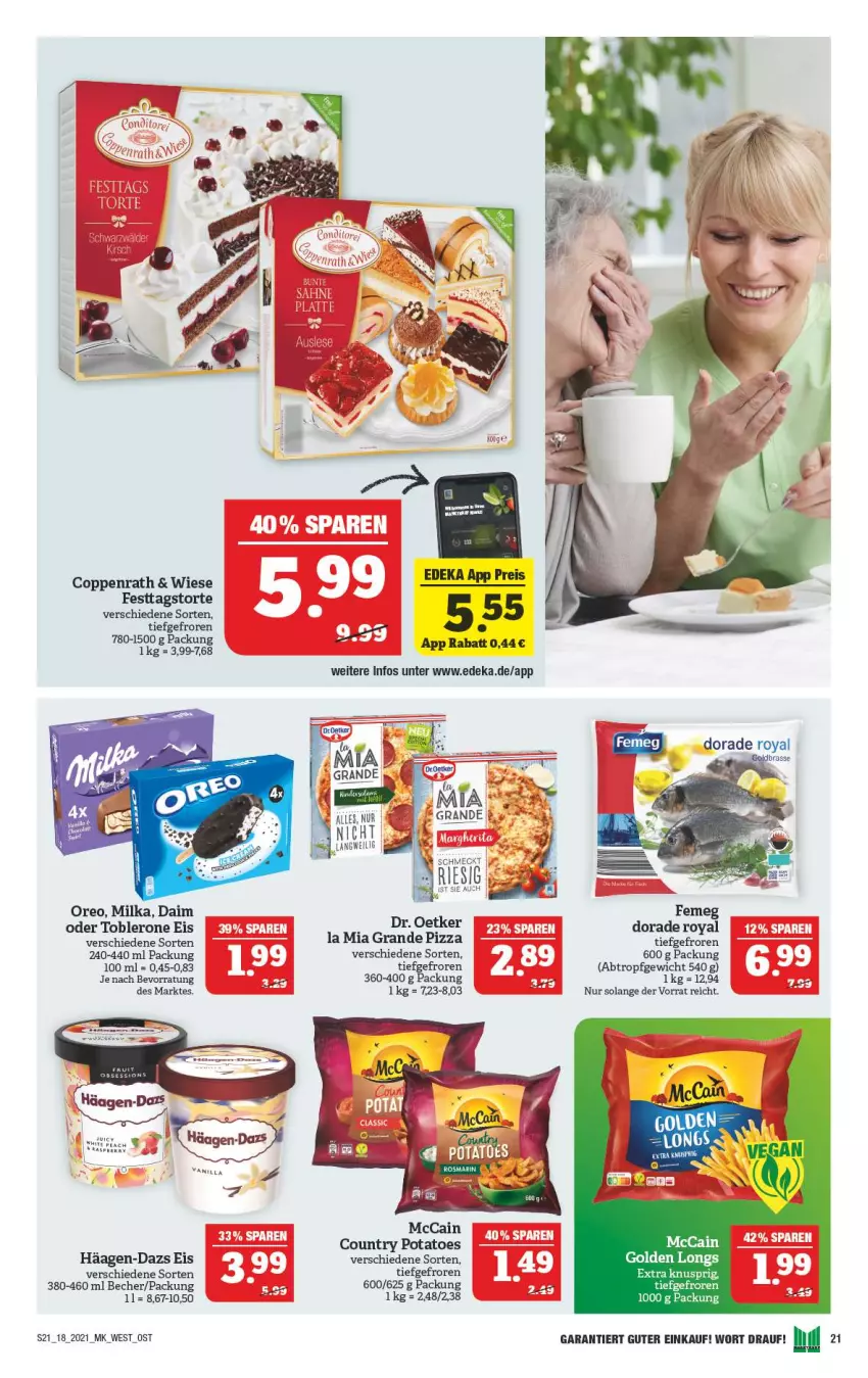 Aktueller Prospekt Marktkauf - Prospekt - von 02.05 bis 08.05.2021 - strona 21 - produkty: Becher, coppenrath, daim, deka, Dorade, dorade royal, eis, femeg, Golden Longs, häagen-dazs, mccain, milka, oreo, pizza, potatoes, reis, Ti, toblerone, torte