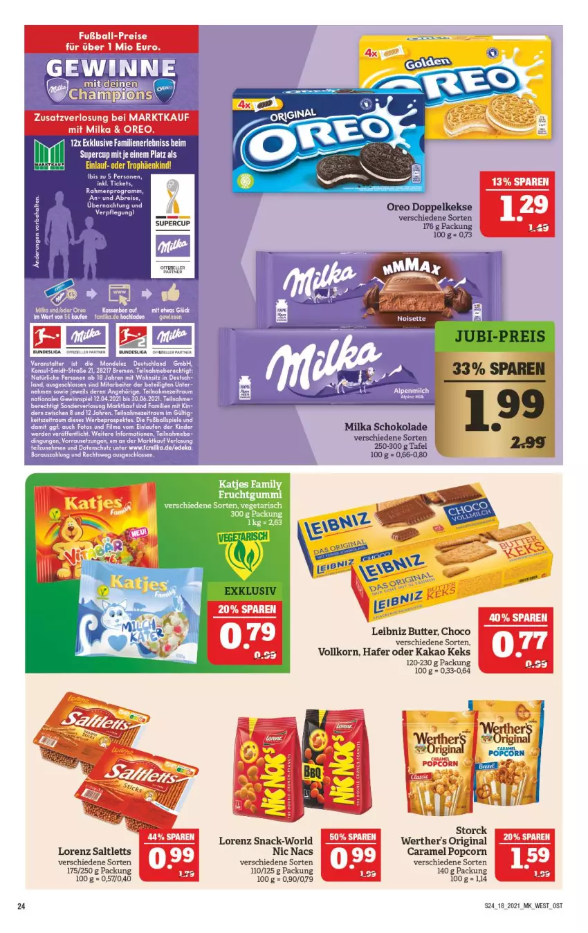 Aktueller Prospekt Marktkauf - Prospekt - von 02.05 bis 08.05.2021 - strona 24 - produkty: ball, Brei, butter, caramel, deka, Doppelkekse, eier, eis, elle, erde, frucht, fruchtgummi, Fußball, gewinnspiel, gin, hafer, kakao, katjes, keks, kekse, Kinder, korn, Laufen, leibniz, lorenz, milka, milka schokolade, mondelez, oreo, popcorn, reis, saltletts, schoko, schokolade, snack, Spiele, Stier, storck, Ti, Vegeta, werther's