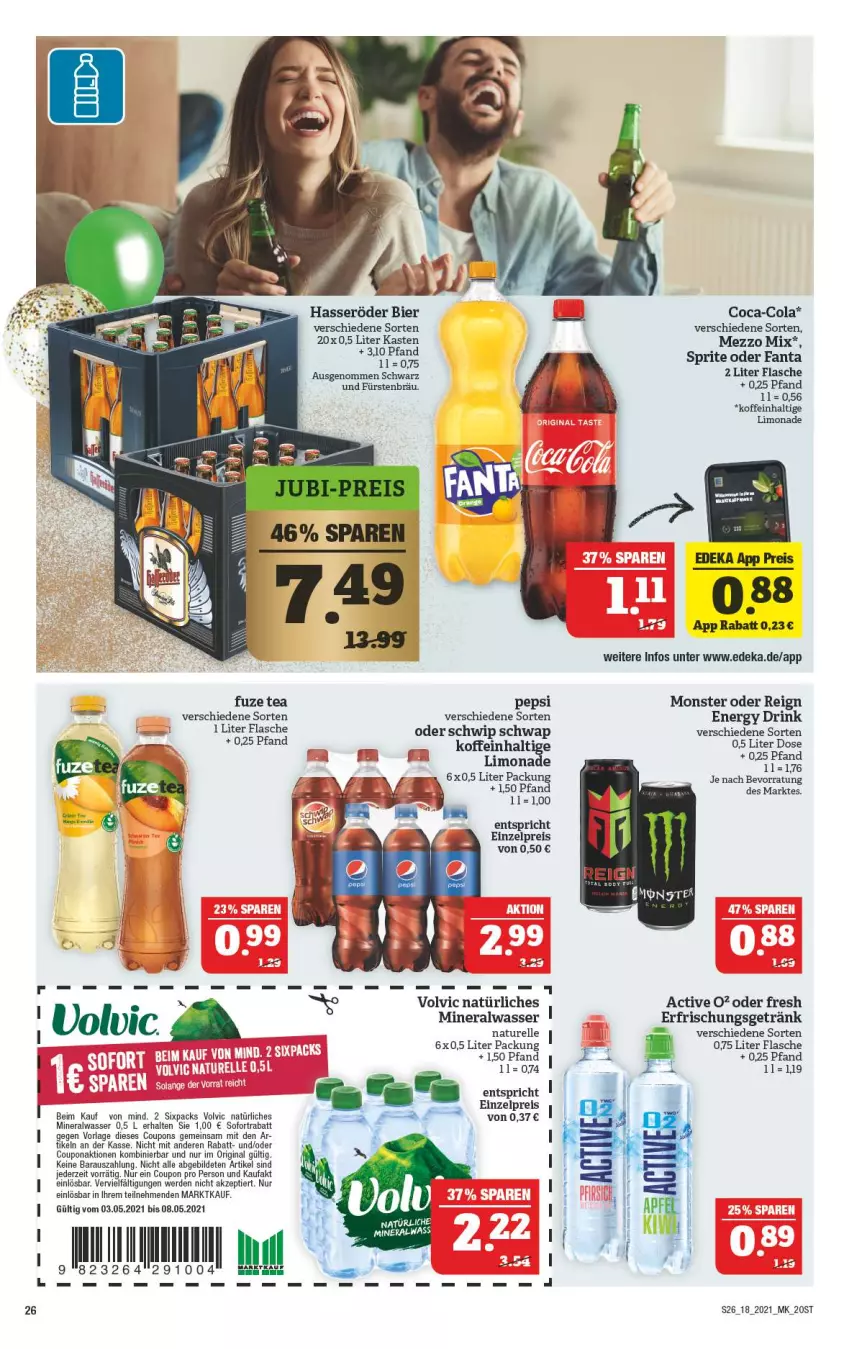 Aktueller Prospekt Marktkauf - Prospekt - von 02.05 bis 08.05.2021 - strona 26 - produkty: Alwa, bier, coca-cola, cola, coupon, coupons, deka, drink, eis, elle, energy drink, erde, erfrischungsgetränk, fanta, flasche, fuzetea, getränk, gin, hasseröder, limo, limonade, Mezzo Mix, mineralwasser, monster, natur, pepsi, reis, rel, Schwip Schwap, sofortrabatt, sprite, Ti, volvic, volvic natürliches, wasser