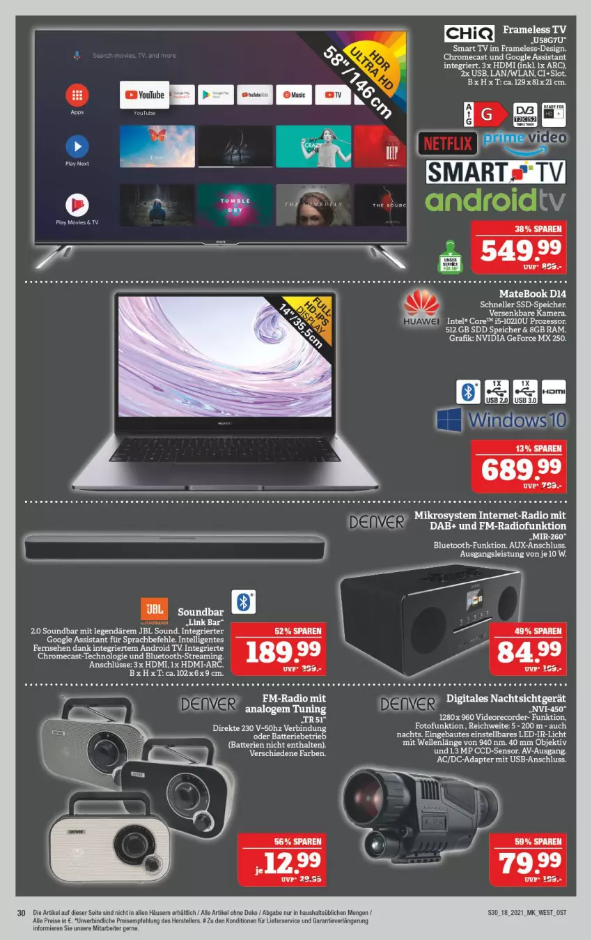 Aktueller Prospekt Marktkauf - Prospekt - von 02.05 bis 08.05.2021 - strona 30 - produkty: adapter, Android TV, eis, elle, ente, geforce, HDMI, Intel, jbl, kamera, lieferservice, MateBook, nvidia, nvidia geforce, Radio, reis, sim, smart tv, soundbar, ssd, SSD-Speicher, teller, Ti, usb