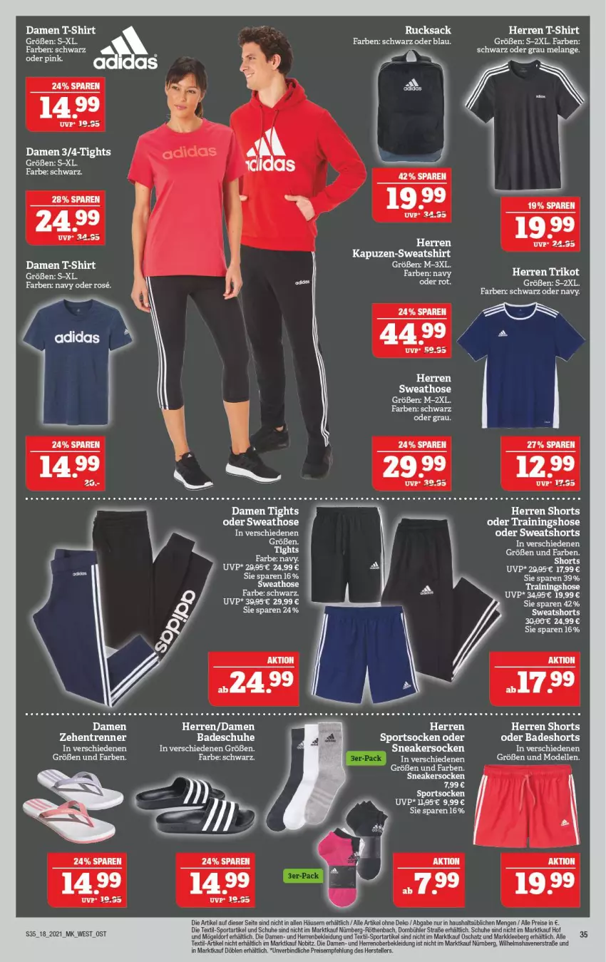 Aktueller Prospekt Marktkauf - Prospekt - von 02.05 bis 08.05.2021 - strona 35 - produkty: Adidas, Bad, badeshorts, bier, damen t-shirt, dell, eis, Elan, elle, hose, kleid, Kleidung, Mode, reis, rucksack, sac, schuhe, shirt, shorts, socken, Sport, sportsocken, Sweathose, Sweatshirt, sweatshorts, T-Shirt, teller, Ti, Trainingshose, Trikot, zehentrenner