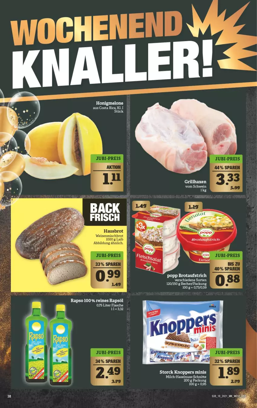 Aktueller Prospekt Marktkauf - Prospekt - von 02.05 bis 08.05.2021 - strona 38 - produkty: aufstrich, Becher, brot, brotaufstrich, flasche, haselnuss, honig, honigmelone, knoppers, melone, milch, nuss, Popp, rapso, rapsöl, reines rapsöl, schwein, storck, wein