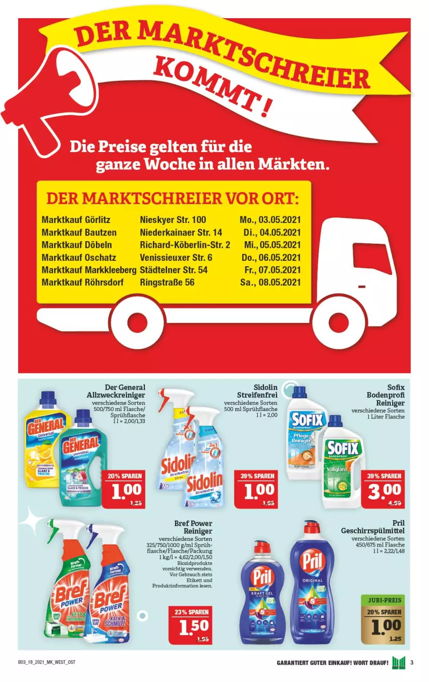 Aktueller Prospekt Marktkauf - Prospekt - von 02.05 bis 08.05.2021 - strona 43 - produkty: allzweckreiniger, Bau, bio, biozidprodukte, Bref, bref power, flasche, geschirr, geschirrspülmittel, gin, pril, Rauch, reifen, reiniger, ring, rwe, sidolin, sprühflasche, spülmittel, Ti, weck