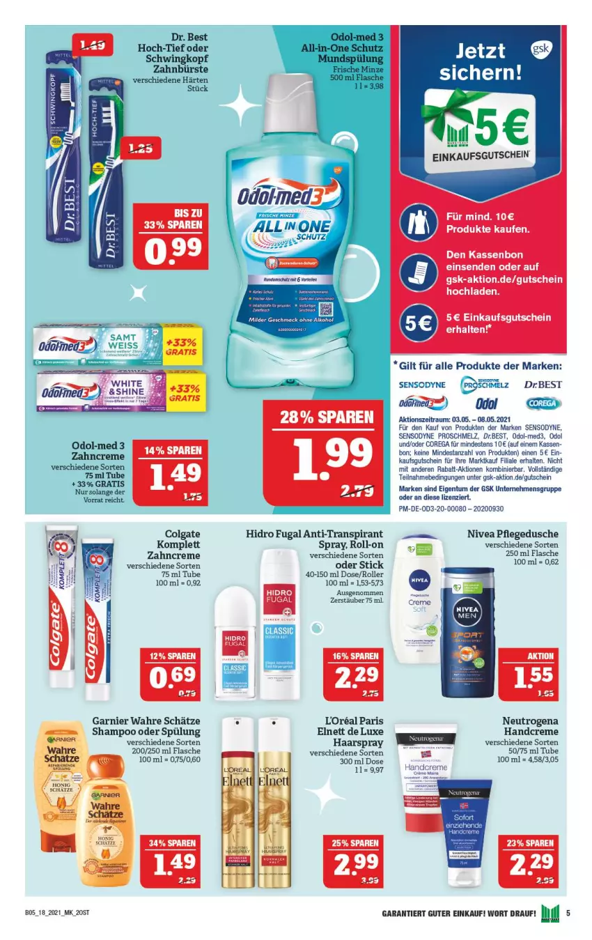 Aktueller Prospekt Marktkauf - Prospekt - von 02.05 bis 08.05.2021 - strona 45 - produkty: colgate, creme, Dr. Best, dusche, elnett, flasche, garnier, gutschein, haarspray, handcreme, honig, LG, neutrogena, nivea, Odol, Odol-med 3, pflegedusche, roll-on, Roller, sensodyne, shampoo, shampoo oder spülung, spülung, Ti, Wahre Schätze, zahncreme