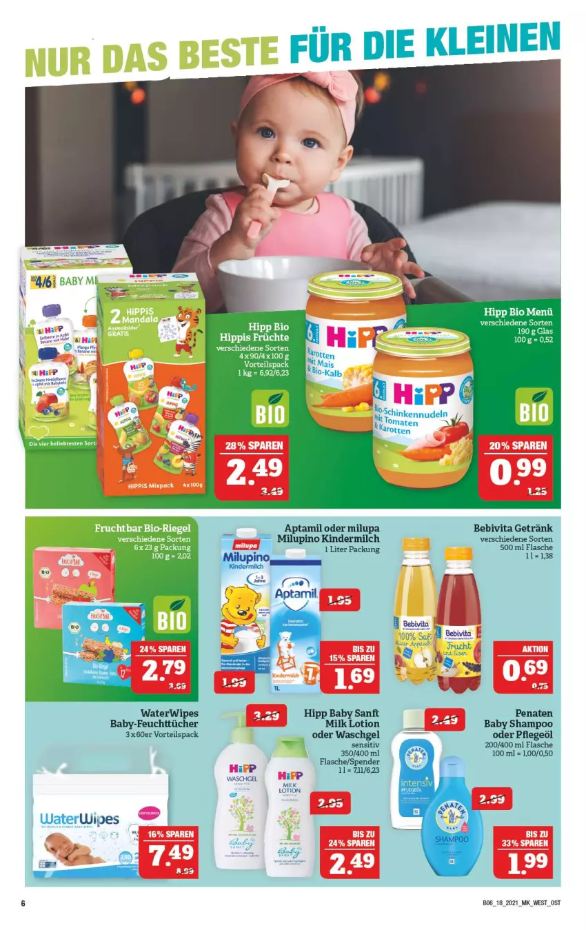 Aktueller Prospekt Marktkauf - Prospekt - von 02.05 bis 08.05.2021 - strona 46 - produkty: Baby Shampoo, bebivita, bio, feuchttücher, flasche, frucht, getränk, hipp, karotten, Kinder, kindermilch, Lotion, milch, milupa, nudel, nudeln, penaten, Pflegeöl, riegel, schinken, shampoo, Ti, tomate, tomaten, tücher, vita, waschgel