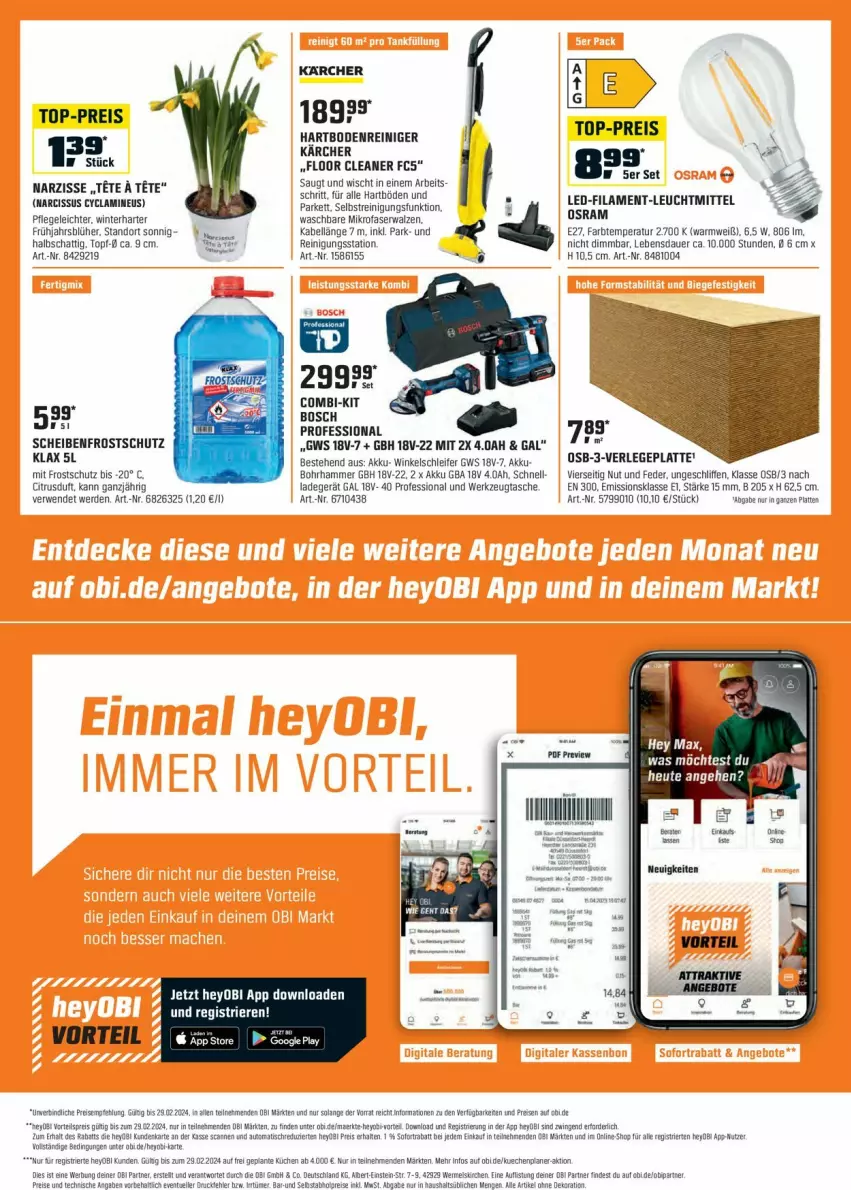 Aktueller Prospekt Obi - Prospekte - von 31.01 bis 29.02.2024 - strona 12 - produkty: abholpreise, akku, alle artikel ohne dekoration, auer, Bohrhammer, bosch, citrus, dekoration, eis, elle, erde, fisch, google play, Heu, Kärcher, karcher, küche, Küchen, ladegerät, latte, leuchtmittel, mikrofaser, Osram, Reinigung, reis, rwe, Scheibenfrostschutz, Tasche, Ti, top-preis, topf, werkzeug, Winkelschleifer, Yo