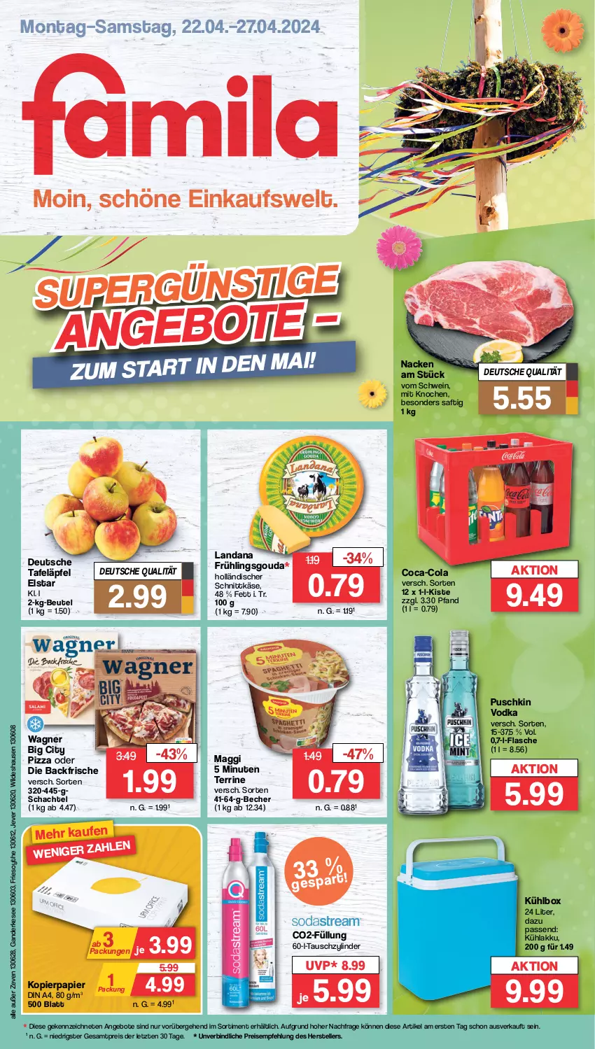 Aktueller Prospekt Famila - Prospekte - von 22.04 bis 27.04.2024 - strona 1 - produkty: akku, angebot, angebote, Becher, beutel, coca-cola, cola, din a4, eis, elle, flasche, gouda, holländischer schnittkäse, jever, Käse, kopierpapier, kühlakku, kühlbox, maggi, papier, pizza, puschkin vodka, reis, saft, schnittkäse, schwein, tafeläpfel, teller, terrine, Ti, vodka, wagner, wein, Wild, ZTE