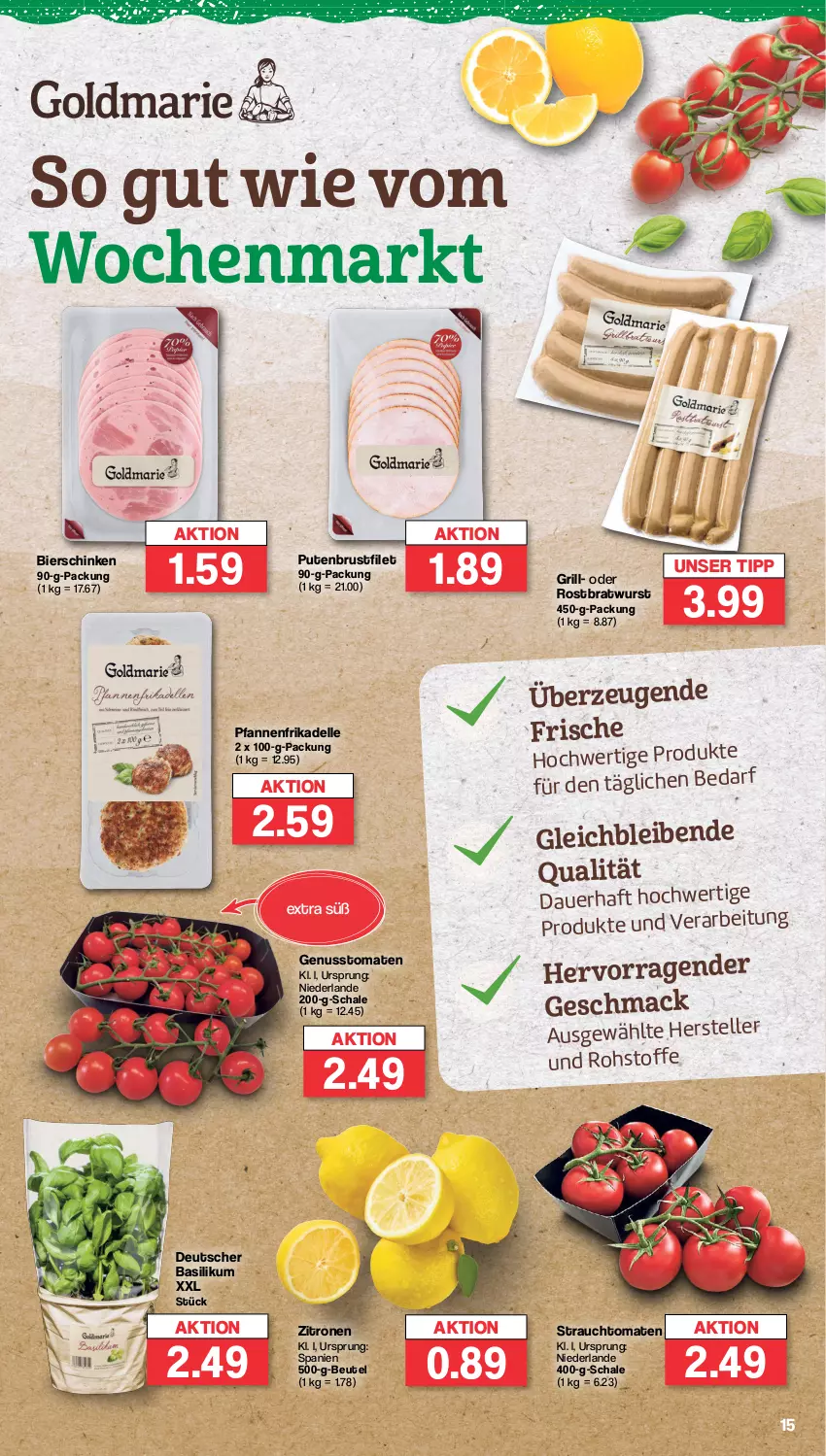 Aktueller Prospekt Famila - Prospekte - von 22.04 bis 27.04.2024 - strona 15 - produkty: auer, basilikum, beutel, bier, bierschinken, bratwurst, brustfilet, dell, elle, filet, grill, mac, nuss, pfanne, pfannen, pute, putenbrust, putenbrustfilet, Rauch, rostbratwurst, Schal, Schale, schinken, strauchtomaten, teller, Ti, tomate, tomaten, wurst, zitrone, zitronen