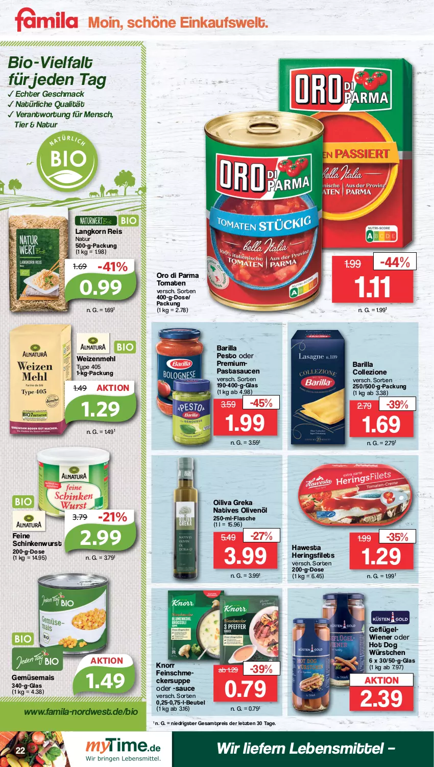 Aktueller Prospekt Famila - Prospekte - von 22.04 bis 27.04.2024 - strona 22 - produkty: barilla, beutel, bio, eis, feinschmecker, filet, filets, flasche, Geflügel, gemüsemais, hawesta, hering, Herings, heringsfilets, hot dog, knorr, korn, lebensmittel, mac, mais, mehl, natives olivenöl, natur, olive, oliven, olivenöl, oro di parma, pasta, pesto, reis, ring, sauce, saucen, schinken, schinkenwurst, suppe, Ti, tomate, tomaten, type 405, weizenmehl, wiener, wurst, würstchen, ZTE