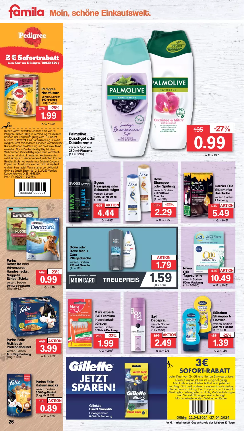 Aktueller Prospekt Famila - Prospekte - von 22.04 bis 27.04.2024 - strona 26 - produkty: adventuros, auer, beutel, bübchen, bürste, bürsten, coupon, coupons, creme, deo, deospray, dove, duschcreme, dusche, duschgel, einwegrasierer, eis, ente, erde, felix, flasche, garnier, gillette, gin, haarspray, hundesnack, hundesnacks, katzensnack, katzensnacks, mars, nassfutter, nivea, nuggets, oder schaumfestiger, olive, palmolive, pedigree, pflegedusche, portionsbeutel, purina, Q10, rasierer, Rauch, reis, schaumfestiger, shampoo, shampoo oder spülung, snack, snacks, sofort-rabatt, sofortrabatt, spülung, syoss, tagescreme, telefon, Ti, uhr, Yo, ZTE