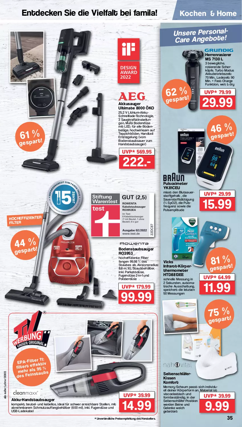 Aktueller Prospekt Famila - Prospekte - von 22.04 bis 27.04.2024 - strona 35 - produkty: akku, akku-handstaubsauger, angebot, angebote, asti, auer, auto, Behälter, bett, beutel, bodenstaubsauger, decke, deka, eis, elle, ente, erde, handstaubsauger, herrenrasierer, kissen, kraft, ladekabel, Persona, rasierer, reis, Ria, riegel, Schal, staubsauger, teller, teppich, thermometer, Ti, Tiere, tisch, usb, Vicks, ZTE