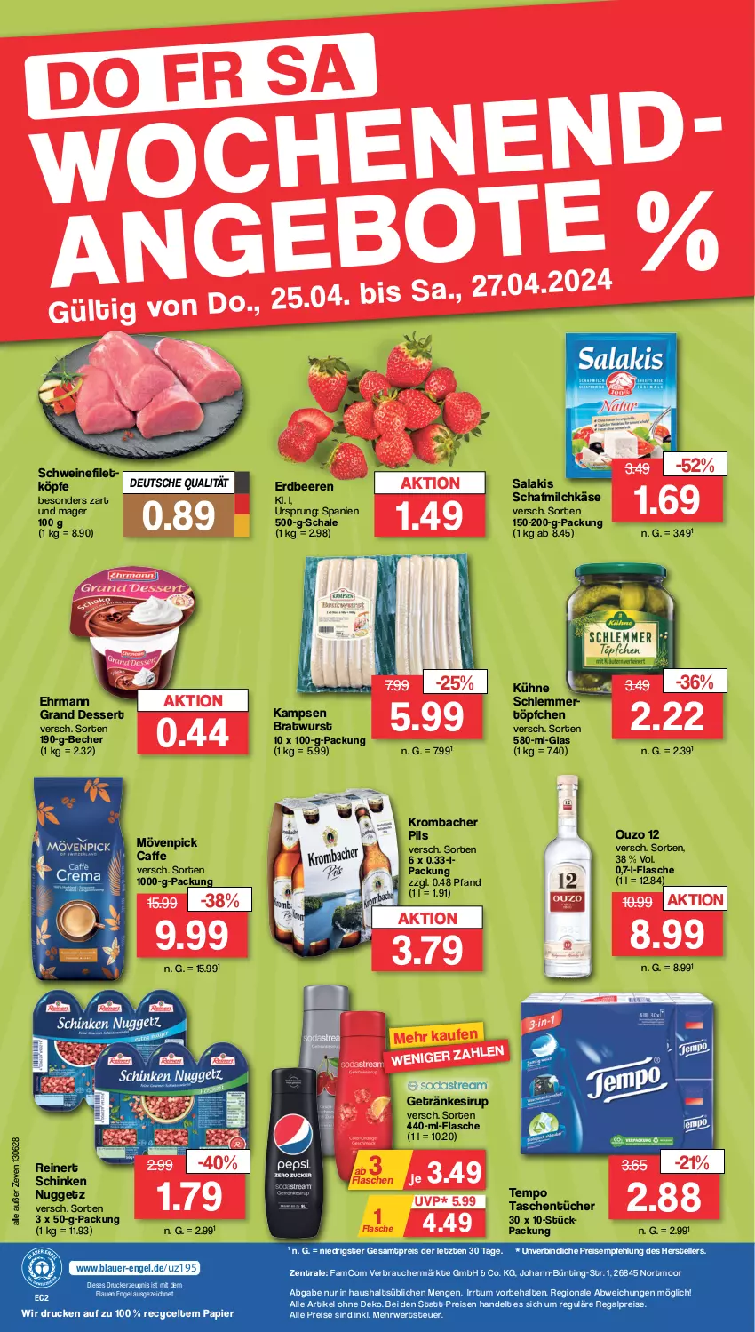 Aktueller Prospekt Famila - Prospekte - von 22.04 bis 27.04.2024 - strona 36 - produkty: auer, Becher, beere, beeren, bratwurst, caffe, dessert, drucker, ehrmann, Ehrmann Grand Dessert, eis, elle, Engel, erdbeere, erdbeeren, filet, flasche, getränk, getränke, getränkesirup, Käse, kerze, krombache, krombacher, krombacher pils, Kühne, milch, mövenpick, ouzo, ouzo 12, papier, pils, Rauch, regal, reinert, reis, rwe, salakis, Schal, Schale, schinken, schlemmertöpfchen, schwein, schweine, schweinefilet, sirup, Tasche, taschen, taschentücher, teller, Tempo, Ti, Töpfchen, tücher, wein, weine, wurst, ZTE