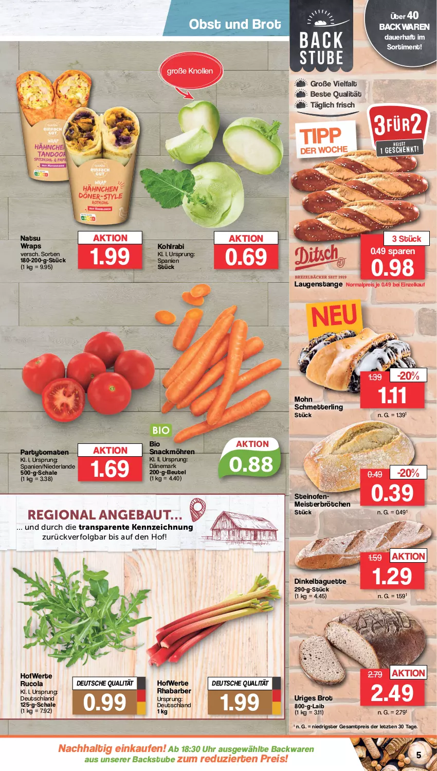 Aktueller Prospekt Famila - Prospekte - von 22.04 bis 27.04.2024 - strona 5 - produkty: auer, backwaren, baguette, Bau, beutel, bio, brot, brötchen, cola, eis, ente, kohlrabi, Laugenstange, LG, Meister, Mett, möhren, obst, Ofen, reis, rhabarber, rucola, Schal, Schale, Schmetterling, snack, steinofen, stube, Ti, tomate, tomaten, uhr, wrap, wraps, ZTE