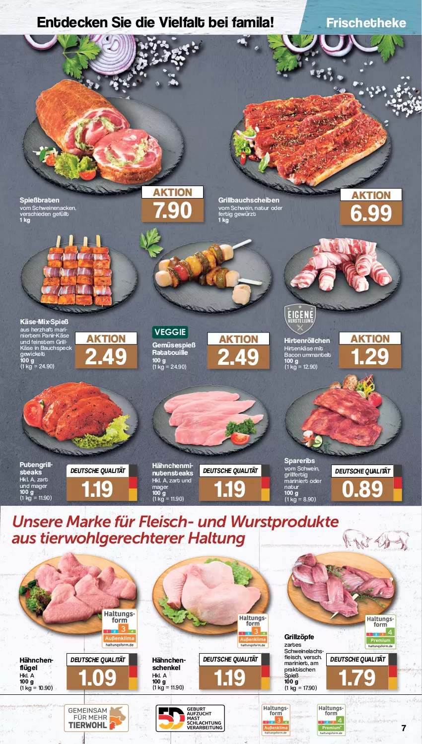 Aktueller Prospekt Famila - Prospekte - von 22.04 bis 27.04.2024 - strona 7 - produkty: bacon, Bau, bauchscheiben, braten, decke, eis, fleisch, gewürz, grill, Grillbauch, Grillkäse, hähnchenflügel, hähnchenschenkel, henkel, hirtenkäse, Hirtenröllchen, Käse, lachs, LG, Mantel, minutensteaks, natur, pute, schenkel, schwein, schweine, Schweinelachs, schweinenacken, spareribs, Speck, steak, steaks, Ti, tisch, veggie, vom schweinenacken, wein, weine, WICK, wurst