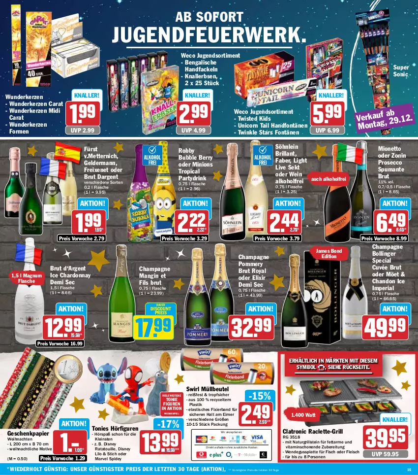 Aktueller Prospekt Hit - Wochenprospekt - von 22.12 bis 27.12.2025 - strona 15 - produkty: alkohol, asti, auer, beutel, brut, brut dargent, champagne, chardonnay, cuvée, discount, disney, drink, ecco, eimer, eis, erbsen, fisch, flasche, fleisch, freixenet, geldermann, Geschenkpapier, gin, grill, Jugendfeuerwerk, kerze, Knallerbsen, latte, magnum, Mett, metternich, mionetto, müllbeutel, natur, papier, prosecco, puma, reis, Ria, robby, rwe, sekt, söhnlein, söhnlein brillant, spumante, swirl, Ti, Tiere, tisch, vita, weihnachten, wein, zonin, ZTE