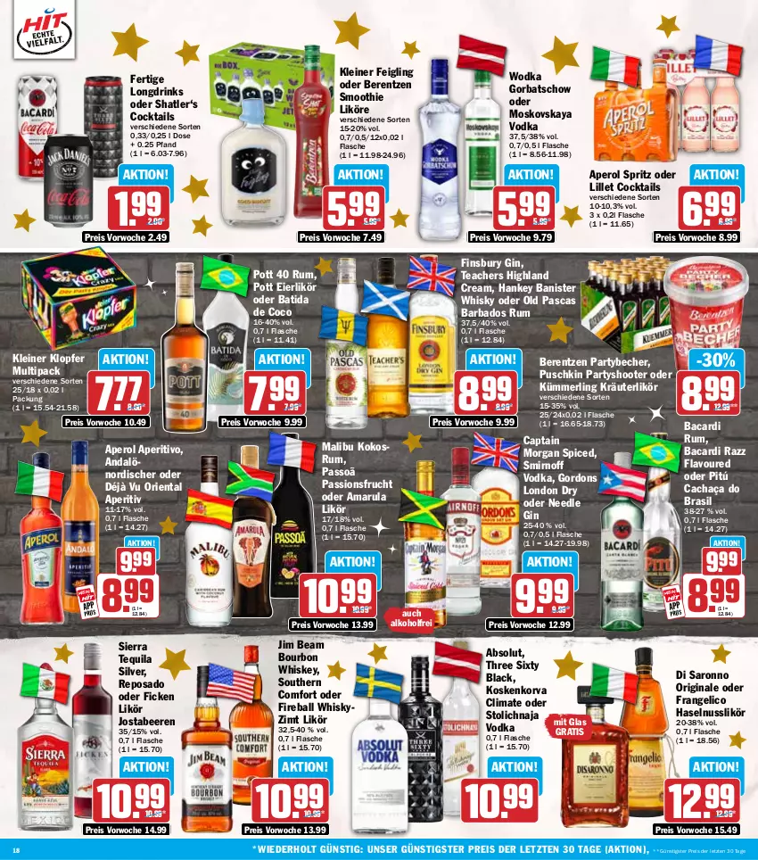 Aktueller Prospekt Hit - Wochenprospekt - von 22.12 bis 27.12.2025 - strona 18 - produkty: alkohol, amarula, aperol, bacardi, bacardi rum, Bad, ball, batida, Becher, beere, beeren, berentzen, bourbon, bourbon whiskey, cachaça, Cap, captain morgan, cocktail, cocktails, drink, drinks, eier, eierlikör, eis, finsbury, flasche, frangelico, frucht, gin, Gorbatschow, gordon, gordons, haselnuss, jim beam, kleiner feigling, kleiner klopfer, kokos, kräuter, kräuterlikör, lack, leine, likör, lillet, london dry, Malibu, merl, moskovskaya, nuss, passionsfrucht, passo, reis, rum, saro, Sierra, sierra tequila, smirnoff, smoothie, Southern Comfort, tequila, Three Sixty, Ti, vodka, whiskey, whisky, wodka, ZTE