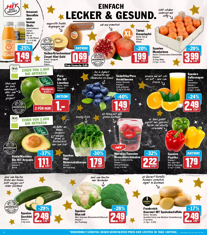 Aktueller Prospekt Hit - Wochenprospekt - von 22.12 bis 27.12.2025 - strona 2 - produkty: apfel, aufstrich, avocado, beere, beeren, berliner, bio, bio hit, Bluccoli, blume, blumen, blumenkohl, braten, broccoli, brot, brotaufstrich, butter, caria, cherrytomaten, eis, elle, früchte, grana, granatapfel, grill, heidelbeere, heidelbeeren, Innocent, joghur, joghurt, kartoffel, kartoffeln, kiwi, Kiwi Gold, kuchen, leine, limette, limetten, Lusti, mac, mandarine, mandarinen, Mett, metten, nuss, obst, orange, orangen, paprika, Pfannkuchen, Rana, reis, Ria, rwe, saft, Saftorangen, salat, salate, salatherzen, Salus, Schal, Schale, smoothie, snack, speisekartoffeln, Ti, tisch, tomate, tomaten, zespri, ZTE, zucchini, zucker