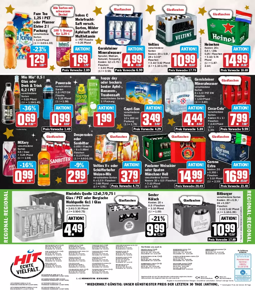 Aktueller Prospekt Hit - Wochenprospekt - von 22.12 bis 27.12.2025 - strona 23 - produkty: Alwa, angebot, angebote, apfel, apfelsaft, auer, Bad, banane, bananen, Beckers Bester, bier, bio, bitburger, braun, burger, Cap, capri-sun, coca-cola, cola, corona, decke, Deckel, desperados, eimer, eis, eistee, elle, Engel, fisch, flasche, frucht, fruchtsaft, fuze tea, gerolsteine, gerolsteiner, glasflasche, Happy Day, heineken, Hohes C, Lübecker, mineralwasser, Mio Mio, Mixer, mixery, natur, orange, Paula, paulaner, pfanne, Pfanner, Rauch, reis, rel, rheinfels quelle, saft, schöfferhofer, Spaten, Sprudel, steiner, tee, Ti, trauben, Traubensaft, uhr, veltins, vita, Waldquelle, wasser, weissbier, ZTE
