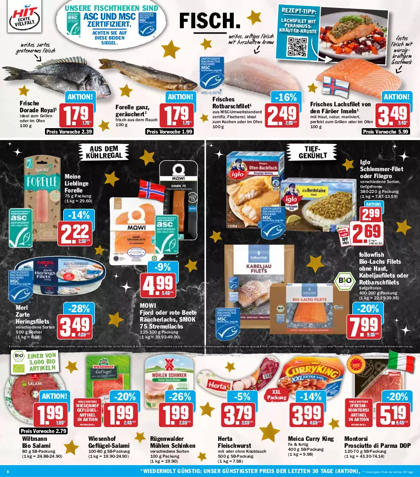 Aktueller Prospekt Hit - Wochenprospekt - von 22.12 bis 27.12.2025 - strona 8 - produkty: aqua, aus dem kühlregal, Becher, bio, curry, Dorade, dorade royal, eis, elle, filegro, filet, filets, fisch, Fisch und Meeresfrüchte, fische, Fischer, fischtheke, fleisch, fleischwurst, followfish, forelle, frischfisch, früchte, Geflügel, grill, hering, Herings, heringsfilets, herta, ideal zum grillen, iglo, kabeljaufilet, knoblauch, kräuter, kühlregal, lachs, lachsfilet, mac, meeresfrüchte, meica, merl, mit oder ohne knoblauch, montorsi, mühlen schinken, natur, nuss, Ofen, prosciutto, Prosciutto di Parma, Rauch, Räucherlachs, regal, reis, rel, ring, Rotbarsch, rotbarschfilet, rügenwalder, rügenwalder mühle, saft, salami, Schere, schinken, schlemmer-filet, Ti, wiesenhof, wiltmann, wurst, ZTE