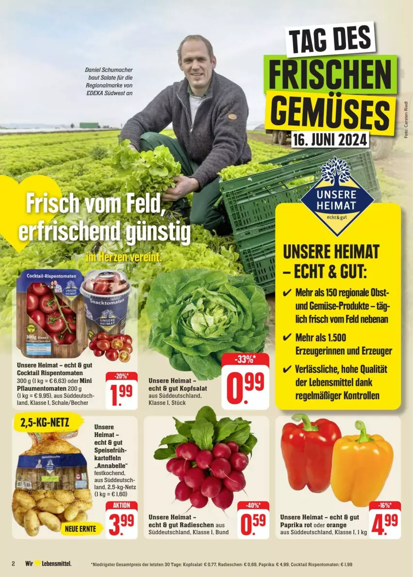 Aktueller Prospekt Edeka - Prospekte - von 08.06 bis 15.06.2024 - strona 2 - produkty: Bau, Becher, Cars, cocktail, deka, eis, elle, kartoffel, kartoffeln, kopfsalat, lebensmittel, mac, obst, orange, paprika, paprika rot, pflaume, pflaumen, radieschen, reis, rispentomaten, salat, salate, Schal, Schale, südwest, tomate, tomaten, und gemüse, ZTE