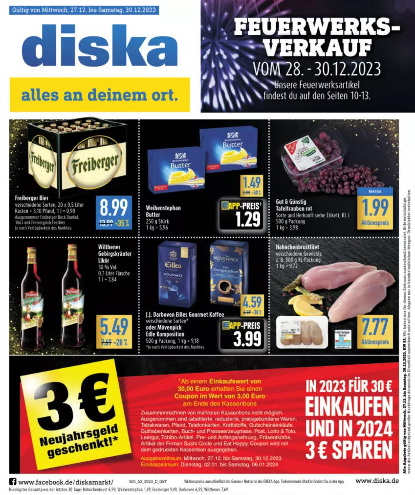 Aktueller Prospekt Diska - Prospekte - von 27.12 bis 30.12.2023 - strona 1 - produkty: angebot, angebote, buch, butter, darbo, darboven, eilles gourmet, eis, flasche, guthabenkarte, gutschein, gutscheine, hähnchenbrust, kaffee, kraft, kräuter, mövenpick, nuss, reis, tafeltrauben, Tchibo, tee, telefon, Ti, trauben, weihenstephan, wilthener