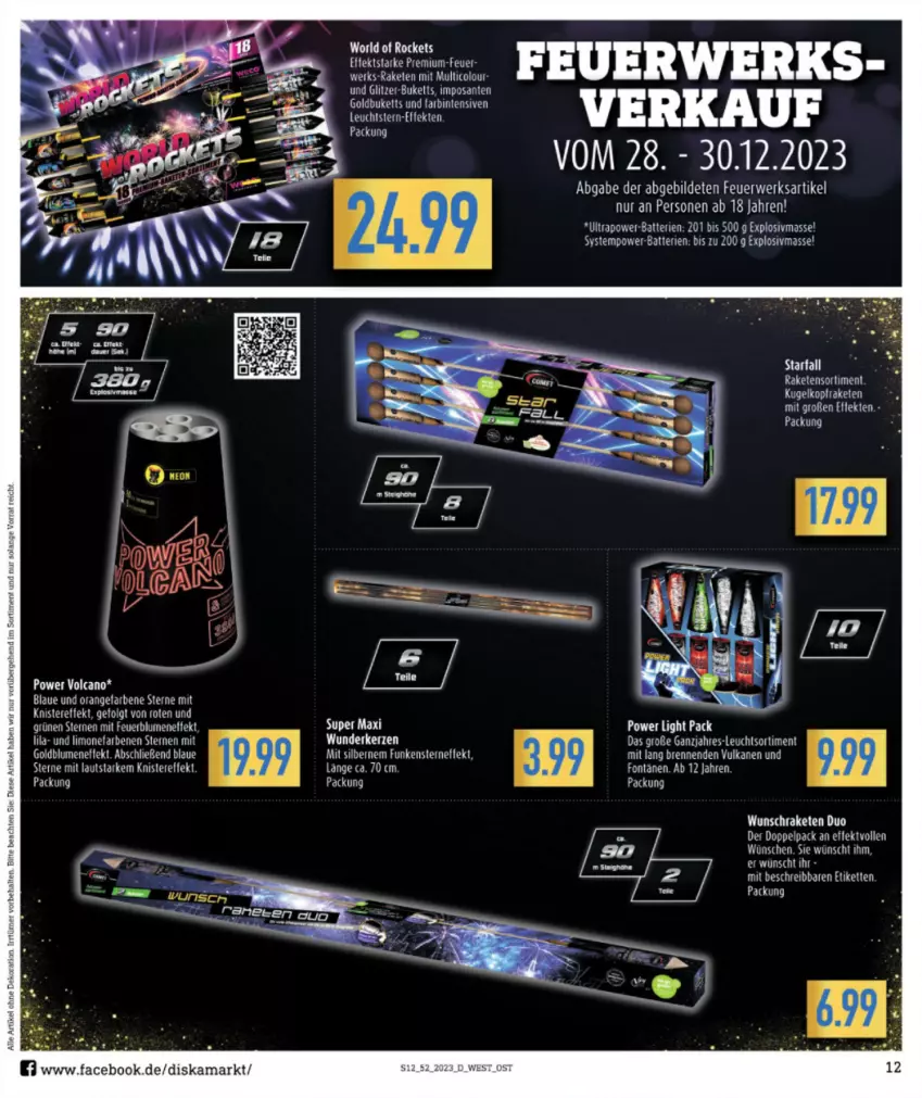 Aktueller Prospekt Diska - Prospekte - von 27.12 bis 30.12.2023 - strona 12 - produkty: batterie, batterien, blume, blumen, kerze, Kette, Kugel, limo, orange, Raketen, Raketensortiment, Rockets, rwe, SANTE, Ti