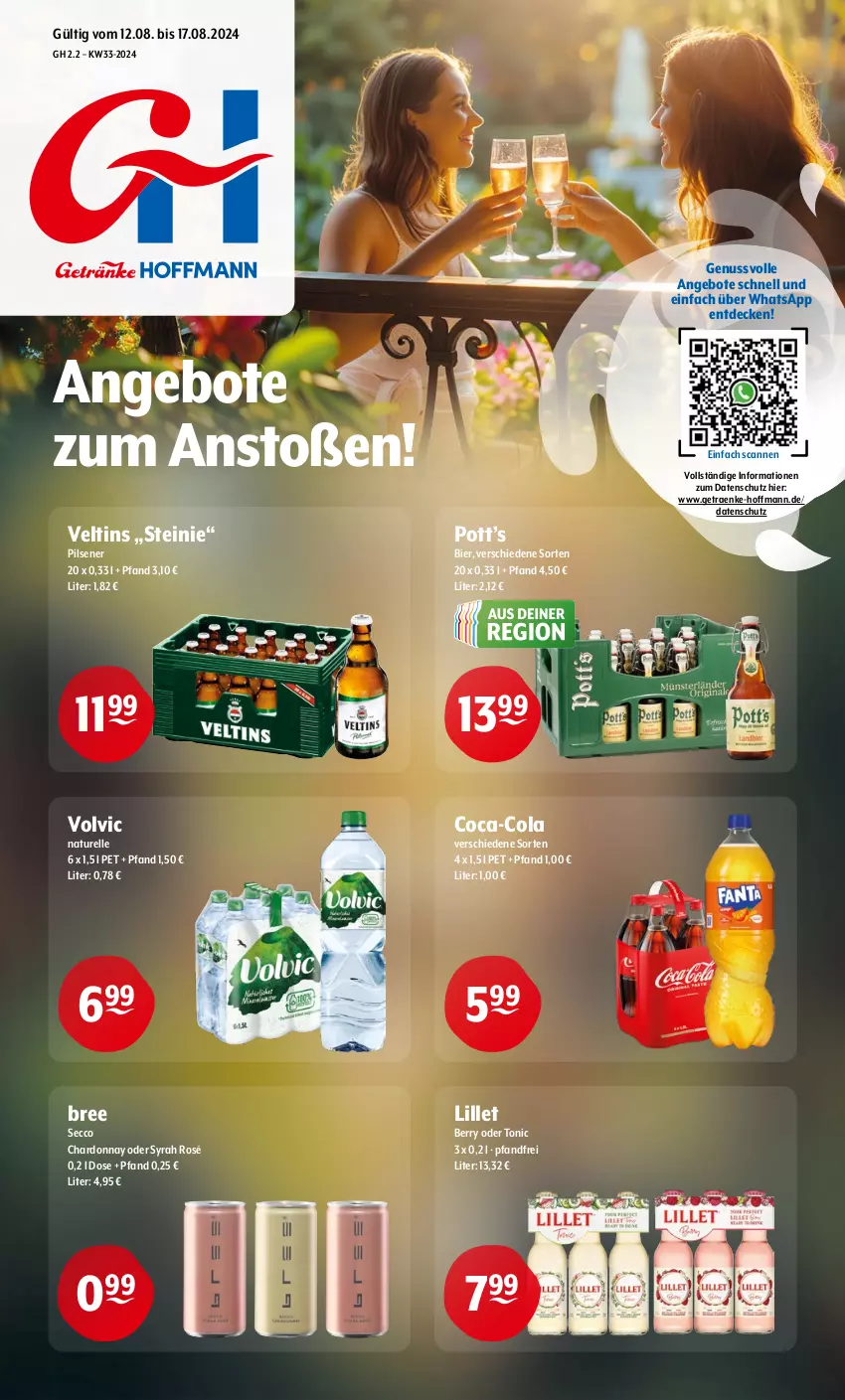 Aktueller Prospekt Getraenke Hoffmann - Prospekte - von 12.08 bis 17.08.2024 - strona 1 - produkty: angebot, angebote, bier, bree, chardonnay, coca-cola, cola, decke, ecco, elle, lillet, natur, nuss, pils, pilsener, rel, Ti, tonic, veltins, volvic